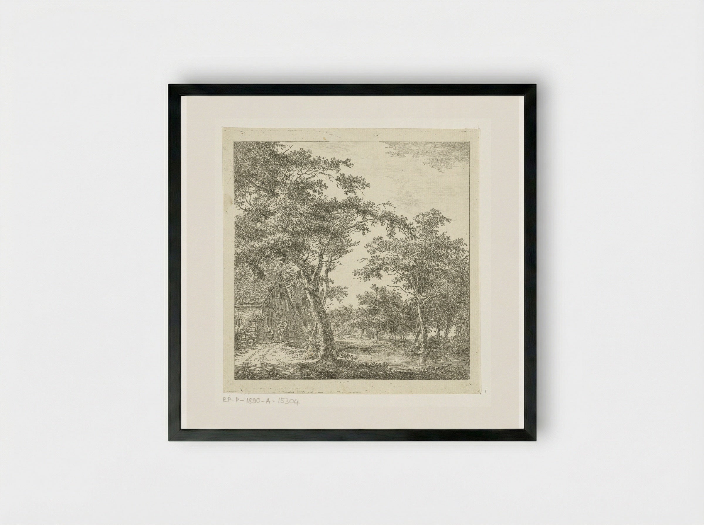 Drie figuren op een bruggetje voor een huis - Hermanus van Brussel - Framed Print Black