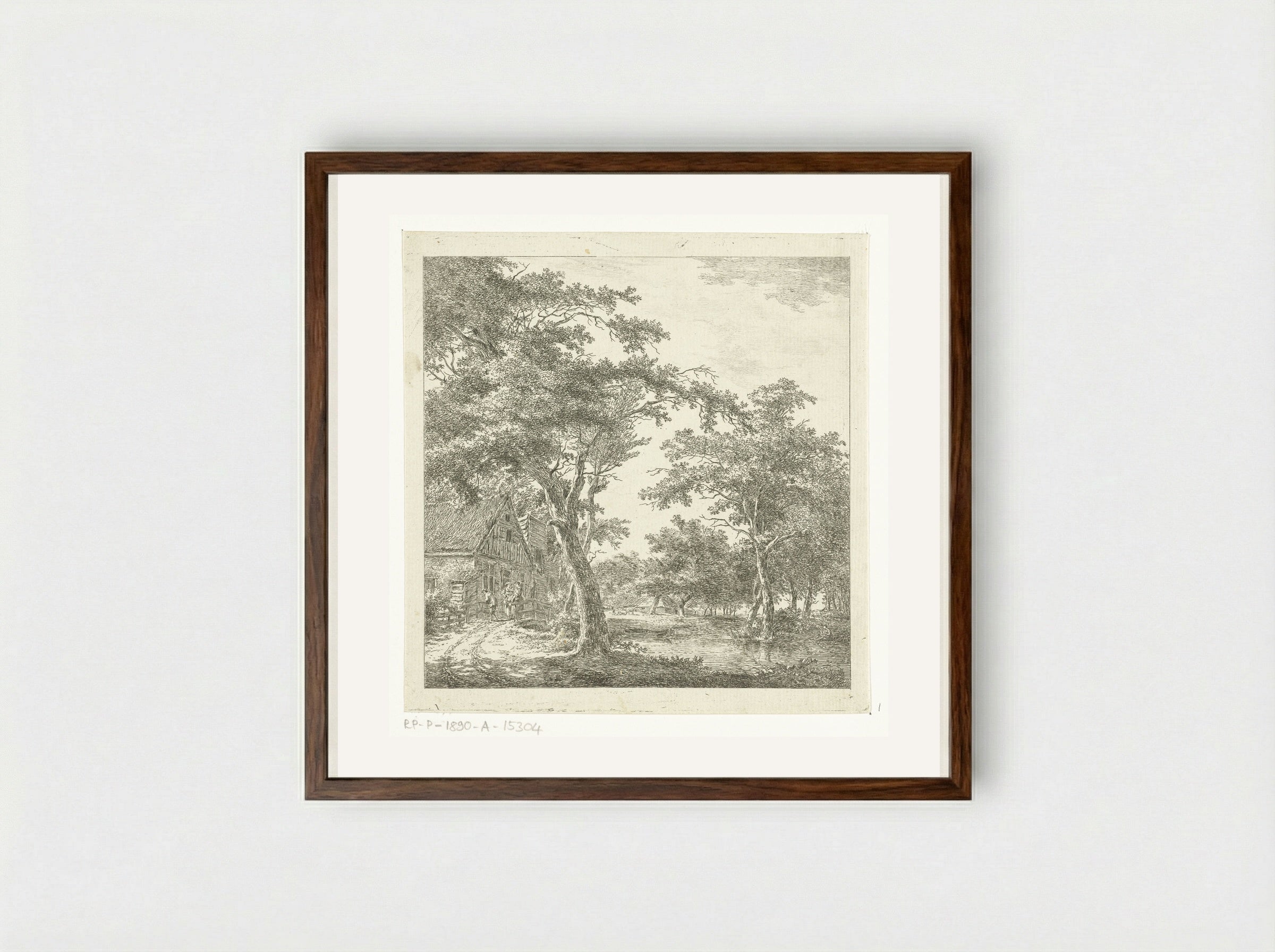 Drie figuren op een bruggetje voor een huis - Hermanus van Brussel - Framed Print Dark Wood