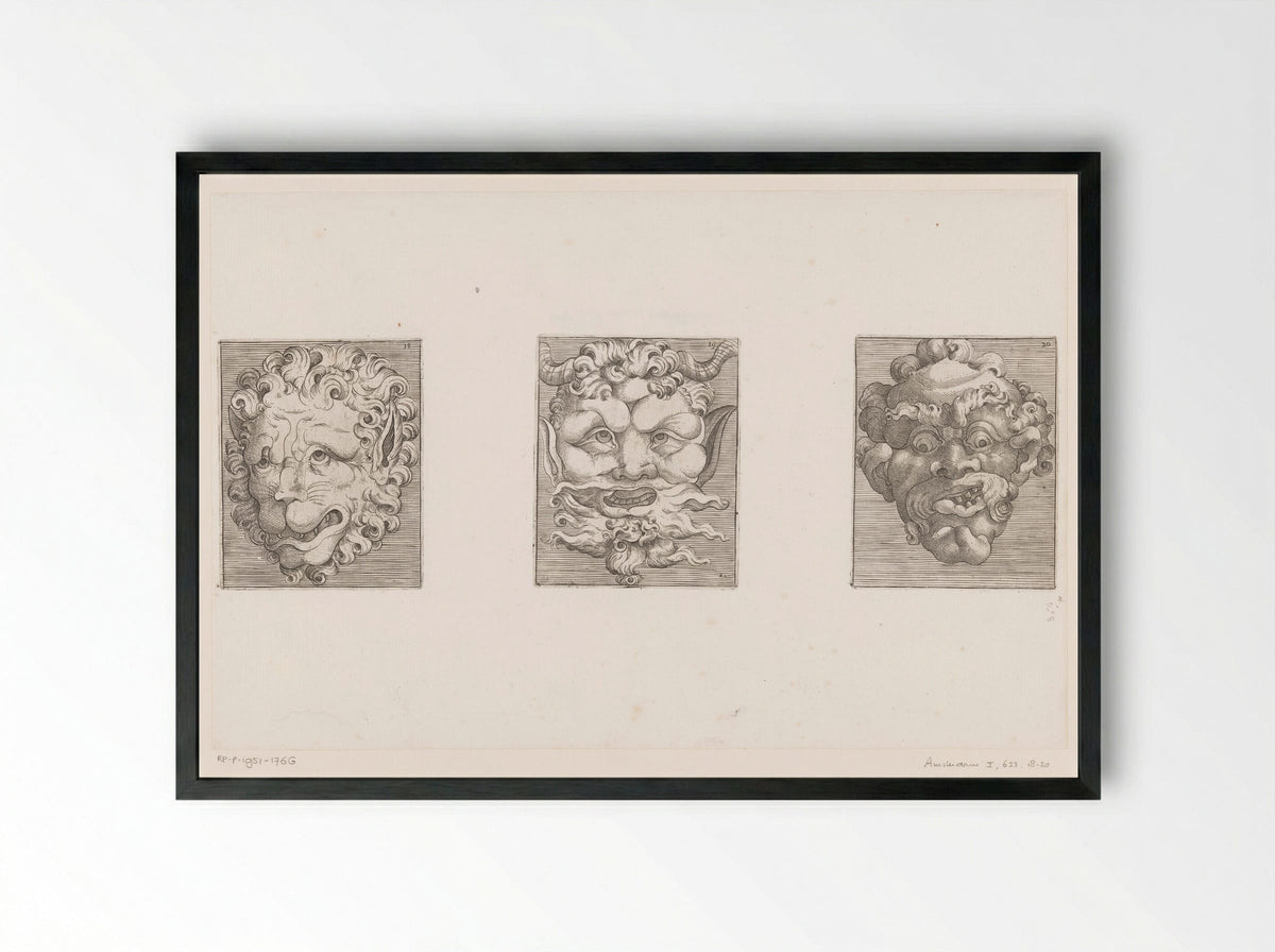 Drie groteske maskers - Adamo Scultori - Framed Print Black