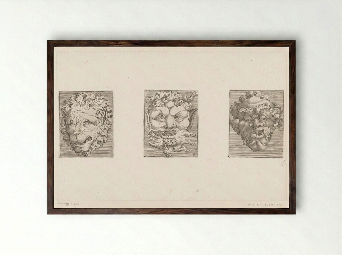Drie groteske maskers - Adamo Scultori - Framed Print Dark Wood