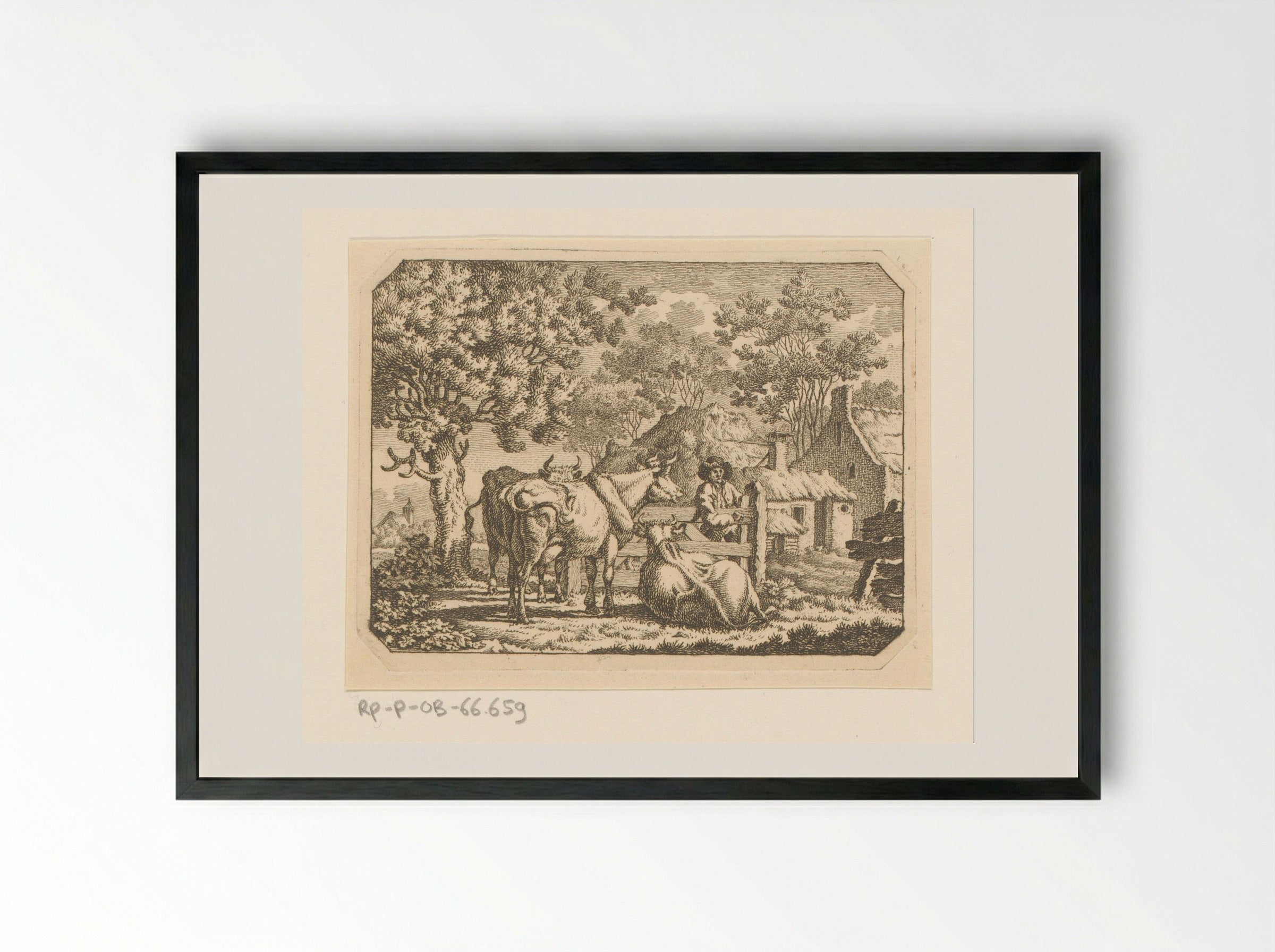 Drie koeien bij een boer aan een hek - Jacob Elias van Varelen - Framed Print Black