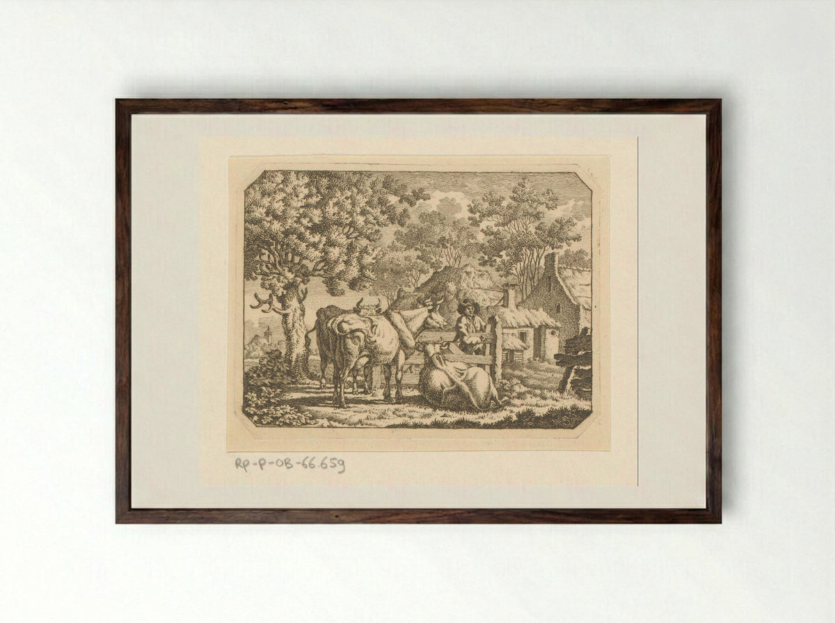 Drie koeien bij een boer aan een hek - Jacob Elias van Varelen - Framed Print Dark Wood