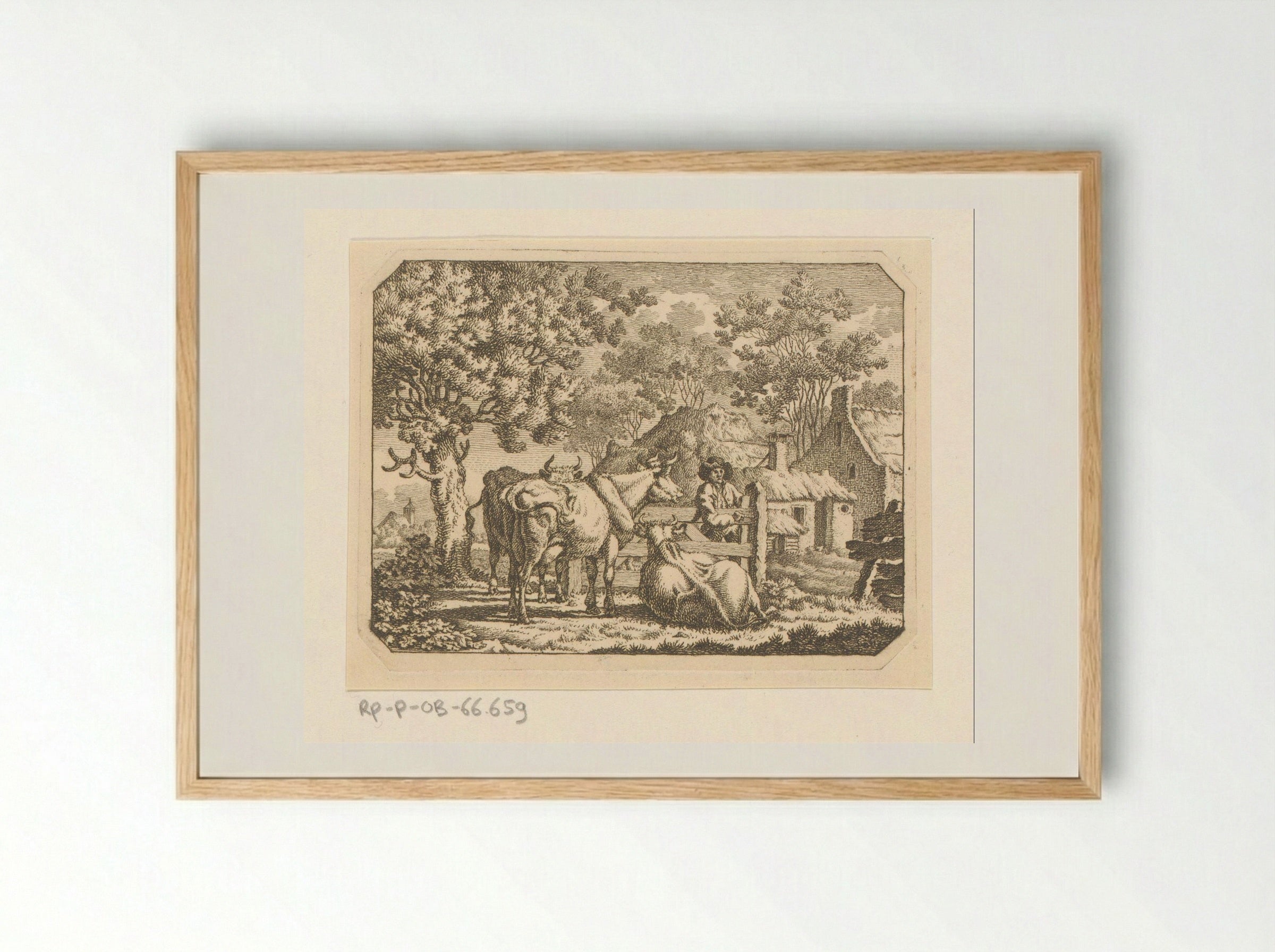 Drie koeien bij een boer aan een hek - Jacob Elias van Varelen - Framed Print Wood