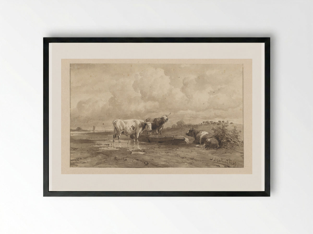 Drie koeien in een weiland - Johan Daniël Koelman - Framed Print Black