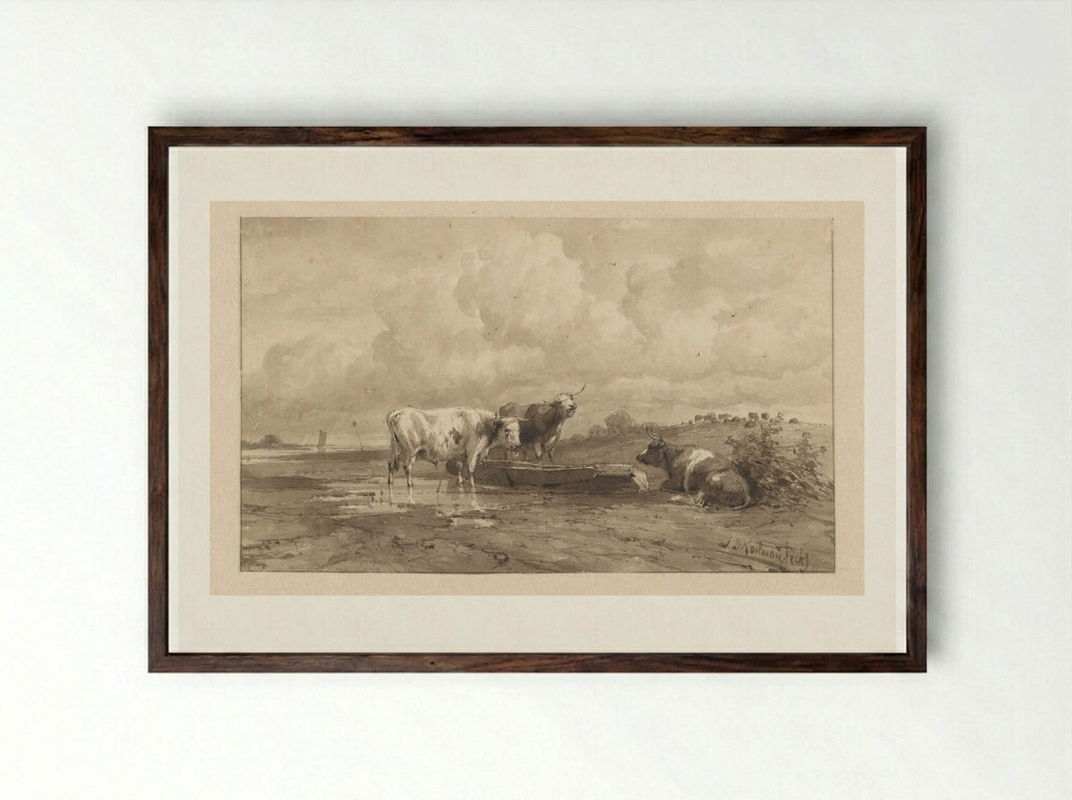Drie koeien in een weiland - Johan Daniël Koelman - Framed Print Dark Wood