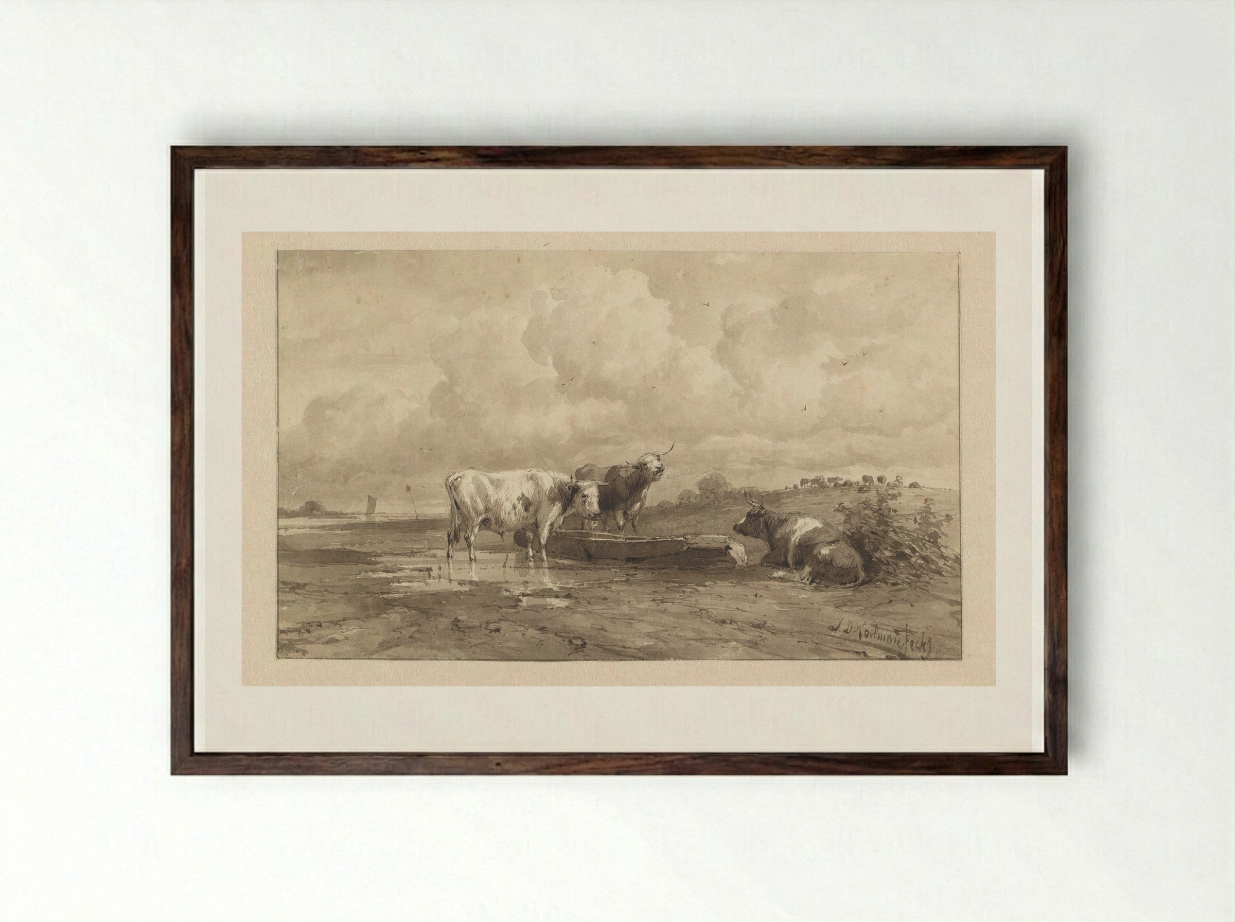 Drie koeien in een weiland - Johan Daniël Koelman - Framed Print Dark Wood