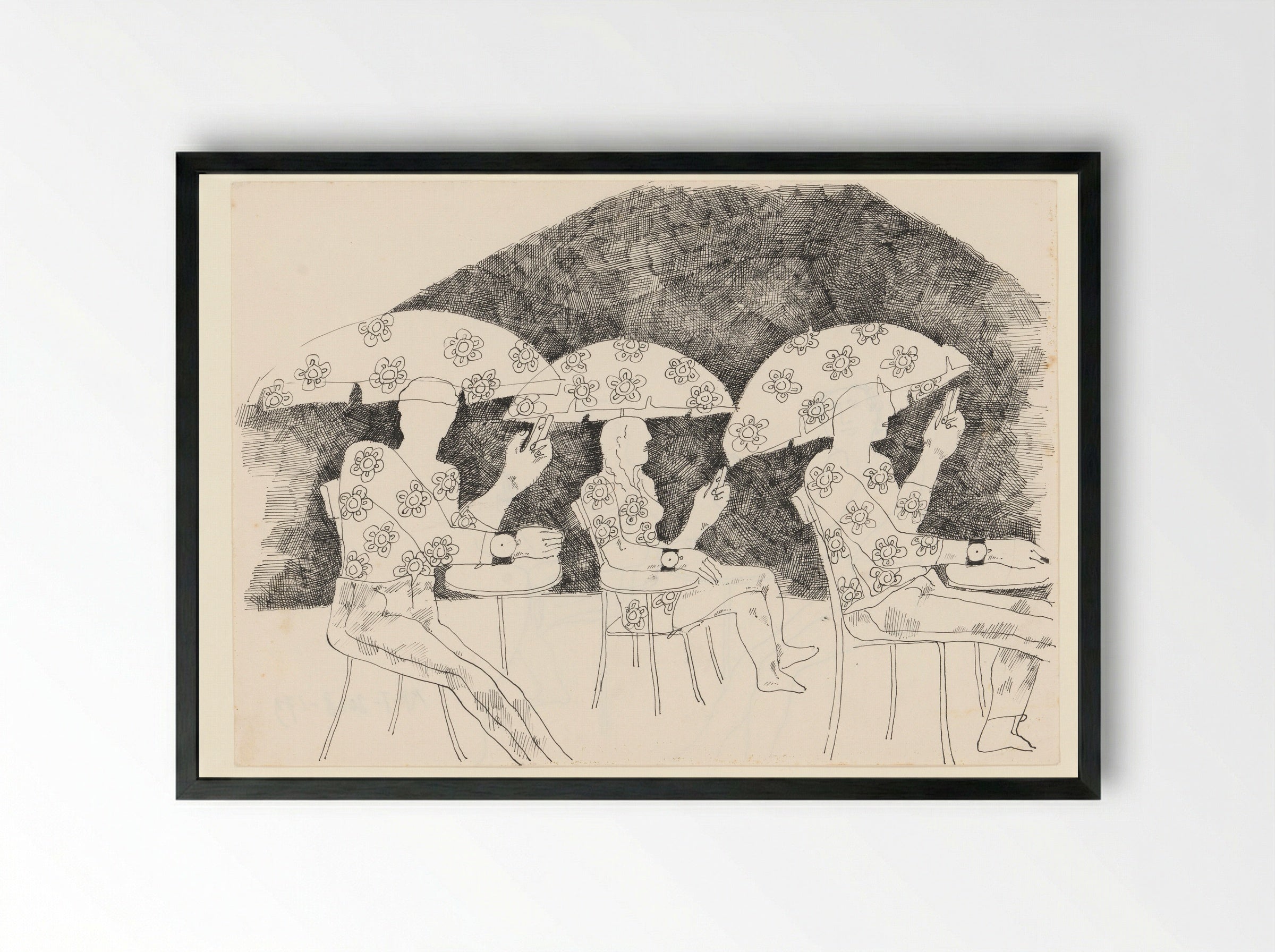 Drie mensen op een terras onder parasols - Paula Thies - Framed Print Black