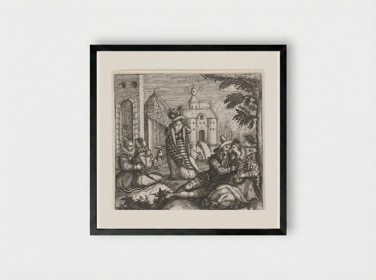 Drie minnende paren in kasteeltuin - Johann Theodor de Bry - Framed Print Black