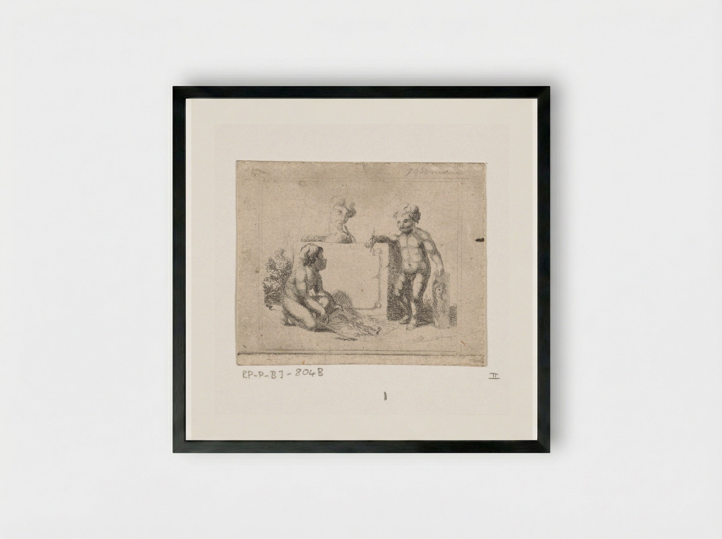 Drie naakte kinderen bij een steen - Joannes Bemme - Framed Print Black