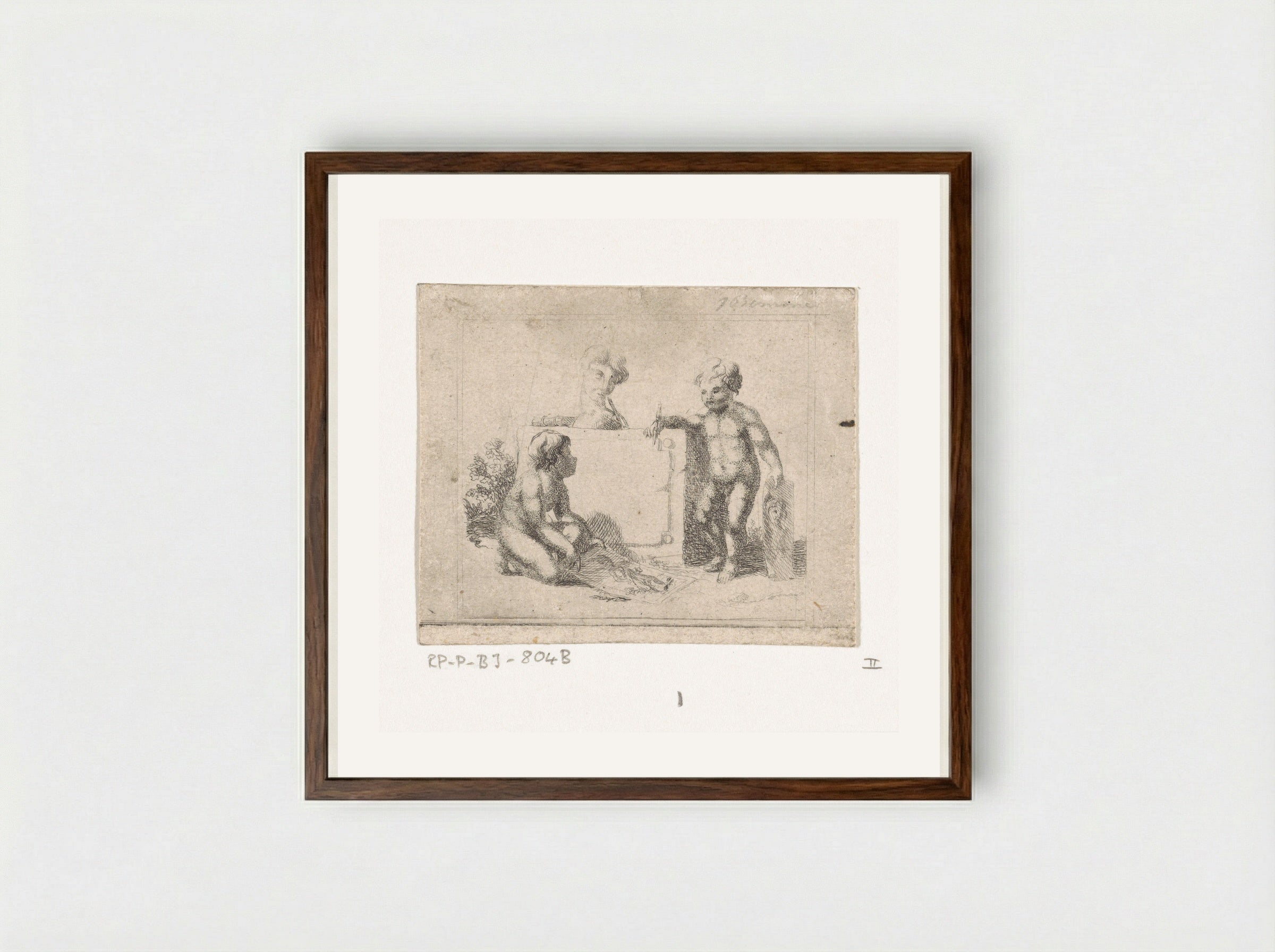 Drie naakte kinderen bij een steen - Joannes Bemme - Framed Print Dark Wood