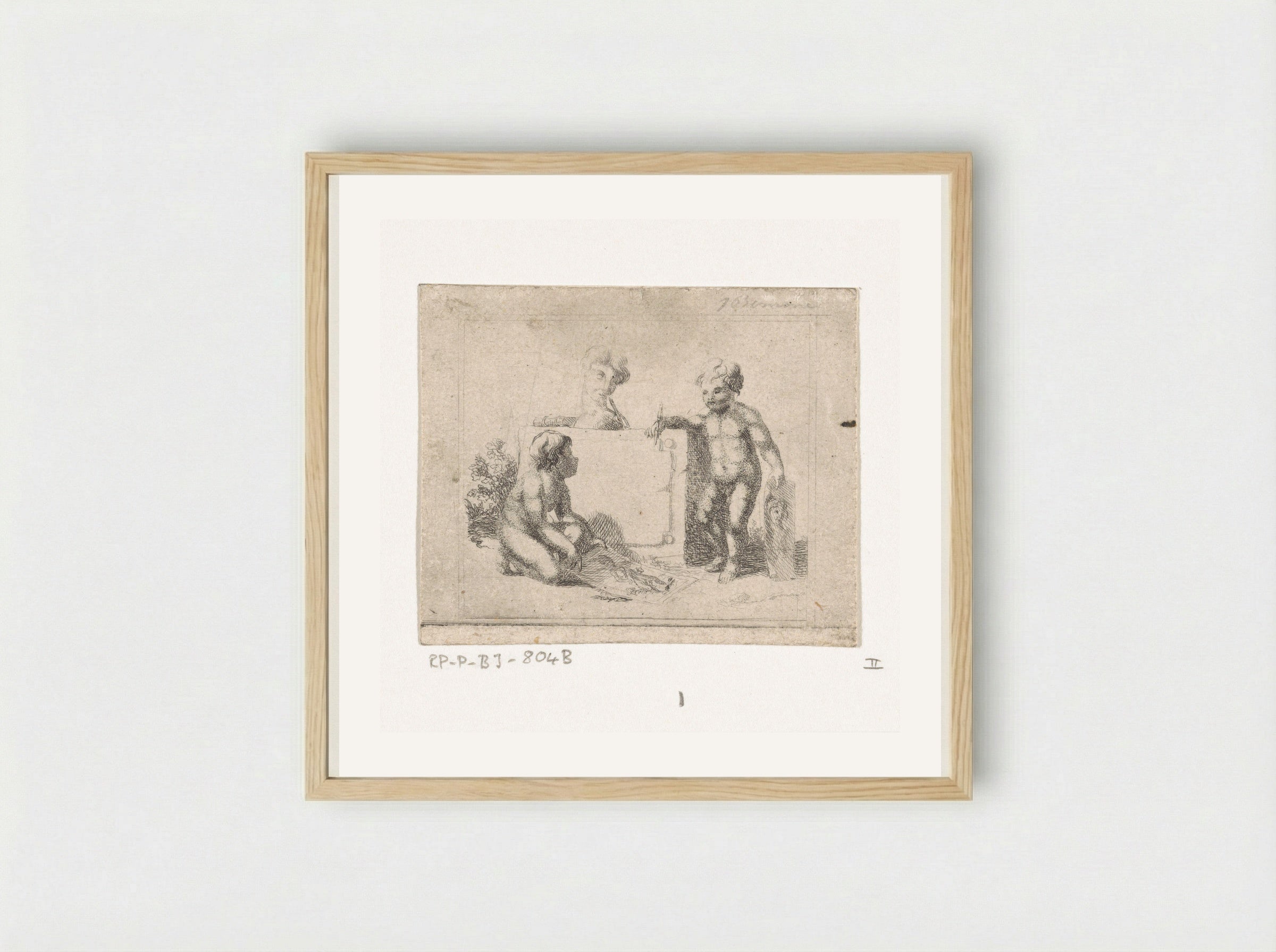 Drie naakte kinderen bij een steen - Joannes Bemme - Framed Print Wood
