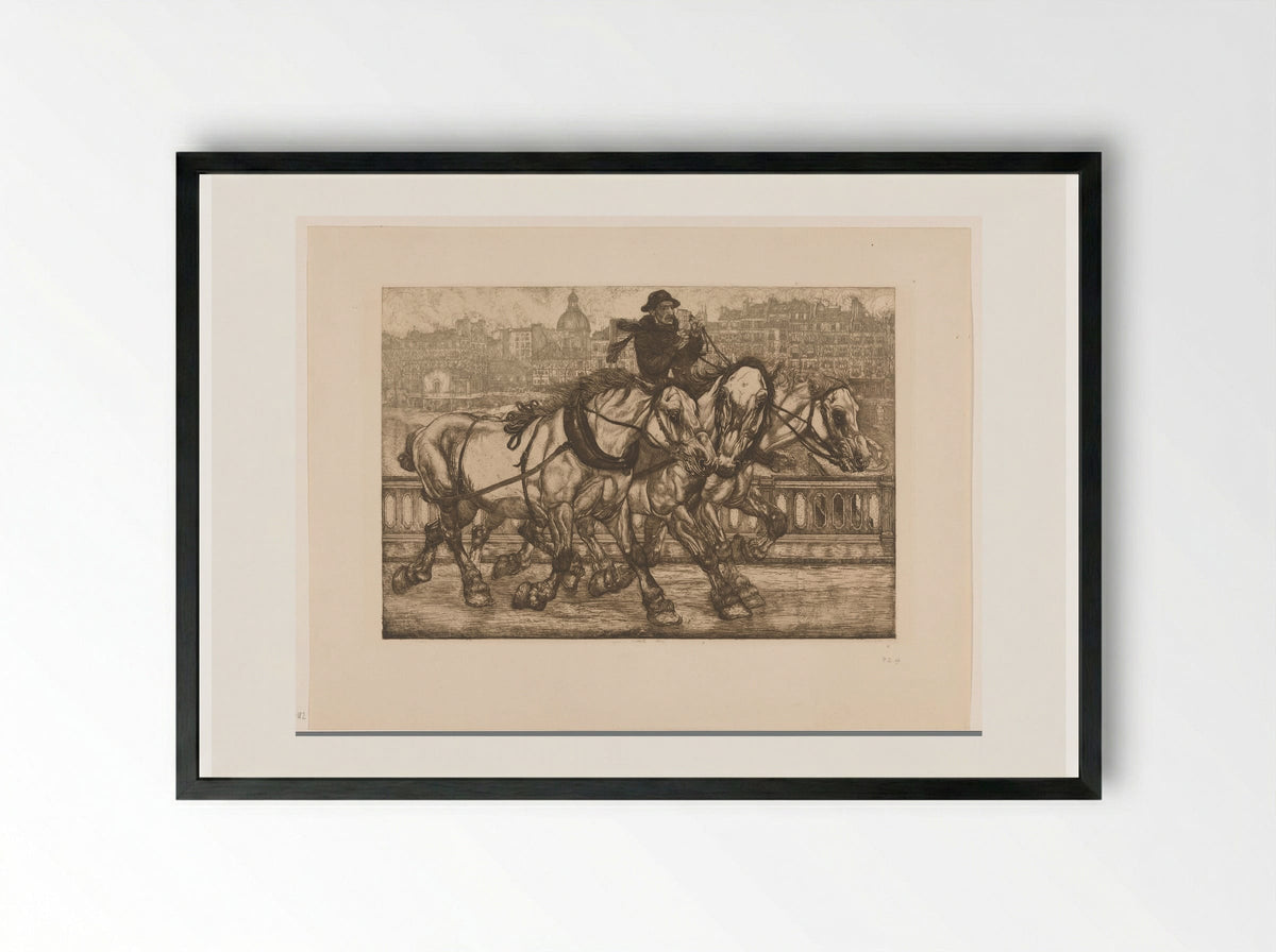 Drie paarden op de Pont de Sully in Parijs - Pieter Dupont - Framed Print Black