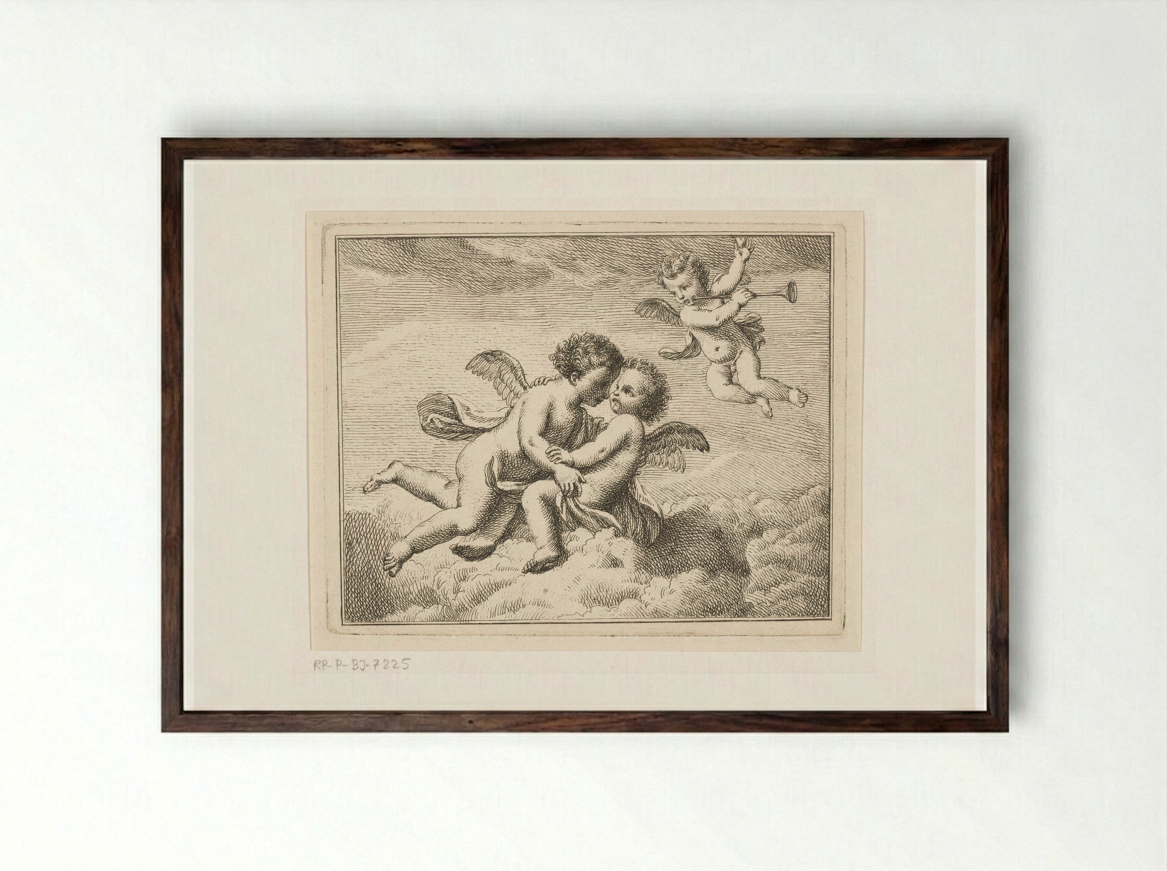 Drie putti in de wolken, een met een bazuin - Louis Fabritius Dubourg - Framed Print Dark Wood
