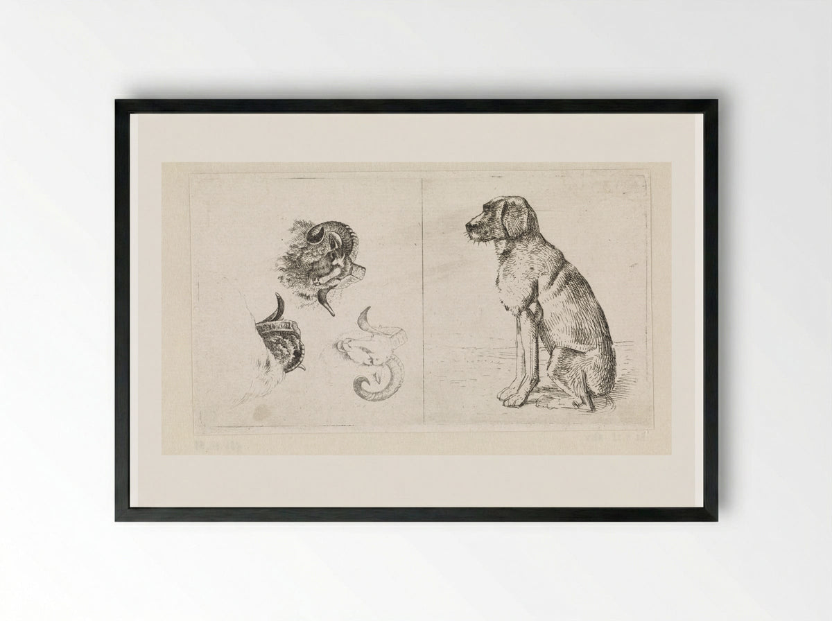 Drie ramskoppen / Zittende hond - Wouter Johannes van Troostwijk - Framed Print Black