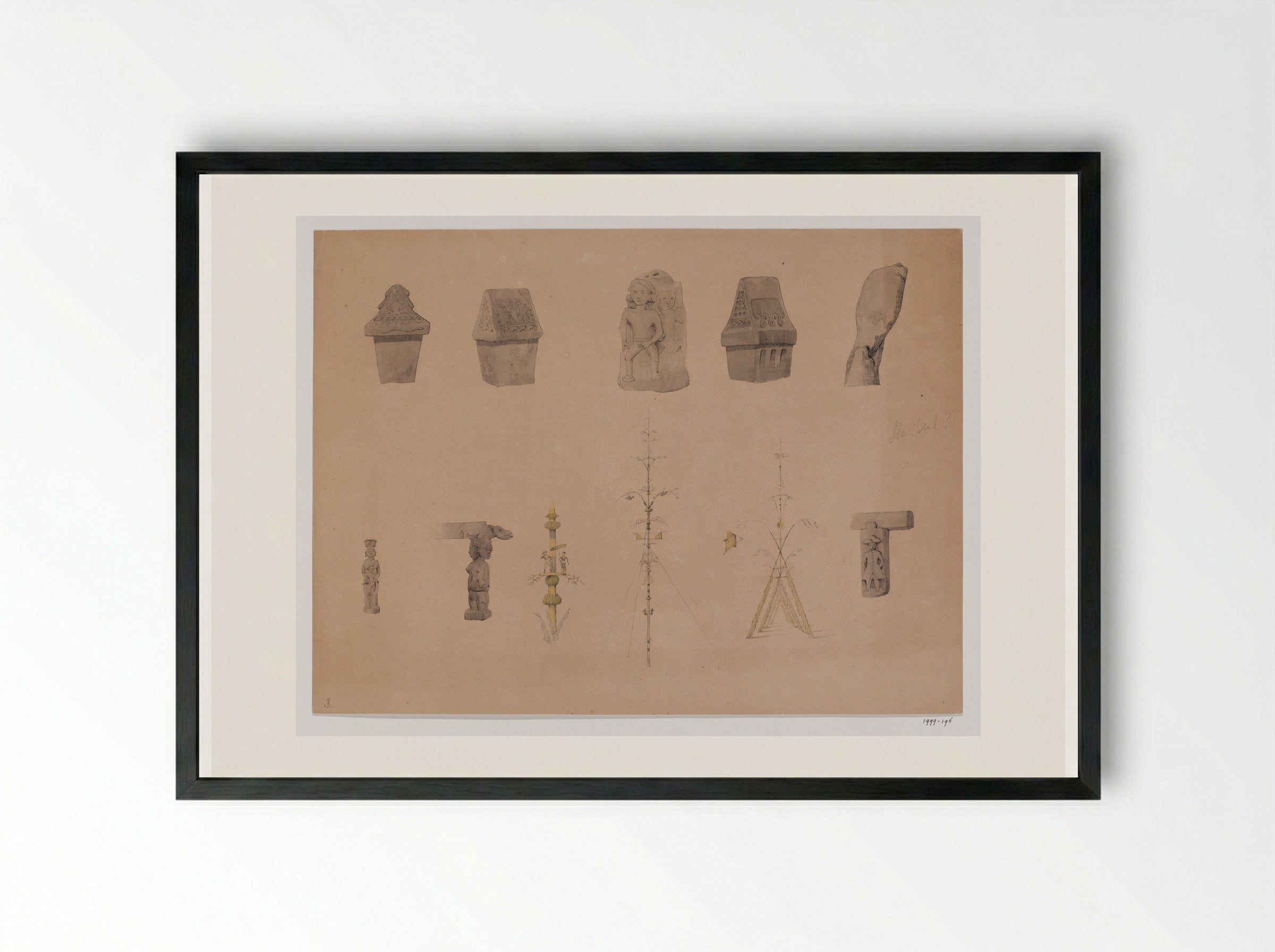 Drie sarcofagen, twee dorpsstichtingsstenen en details van architectuurelementen en bamboepalen, Minahasalanden, Noord-Celebes - Adrianus Johannes Bik - Framed Print Black