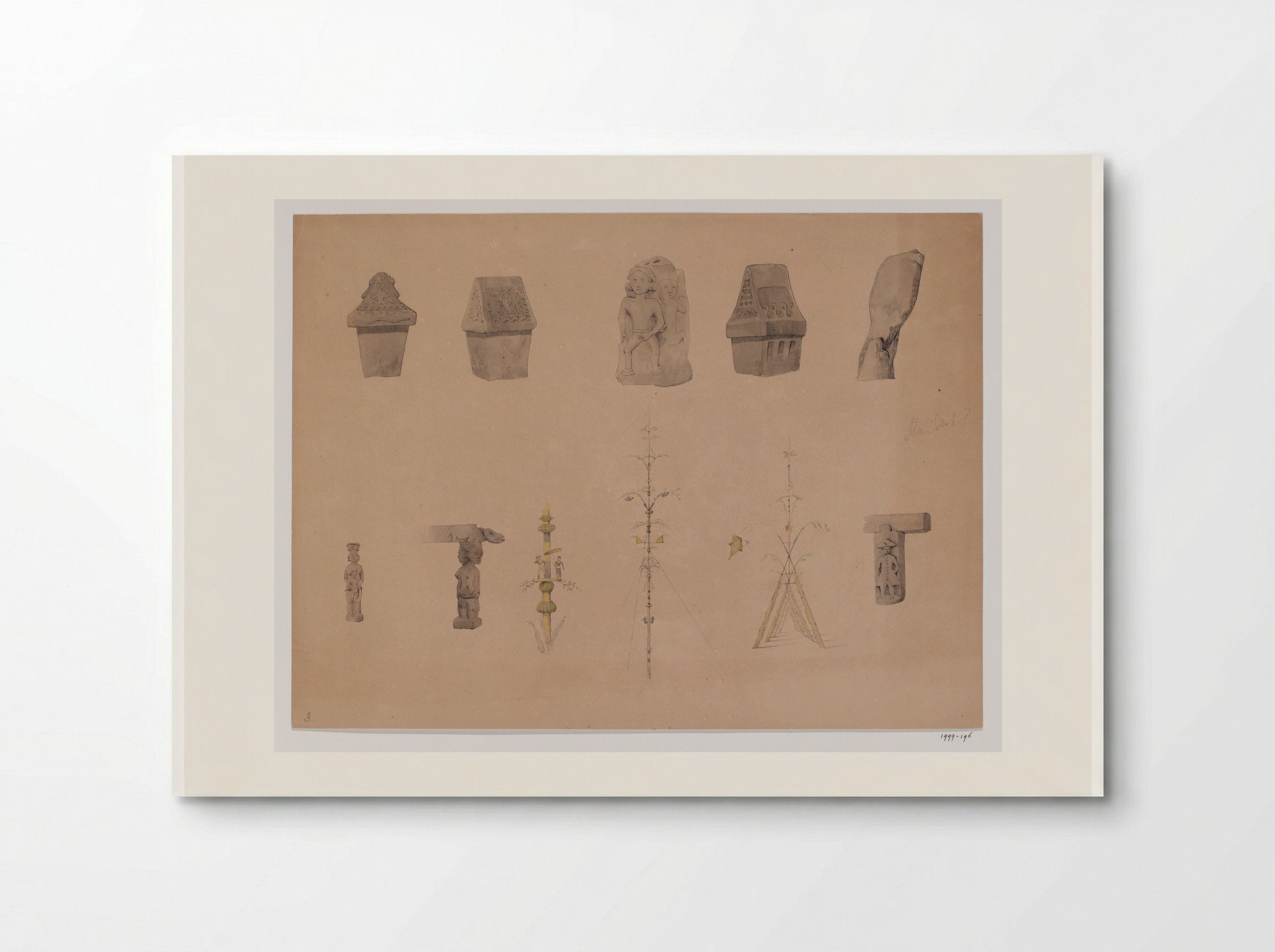 Drie sarcofagen, twee dorpsstichtingsstenen en details van architectuurelementen en bamboepalen, Minahasalanden, Noord-Celebes - Adrianus Johannes Bik - Poster