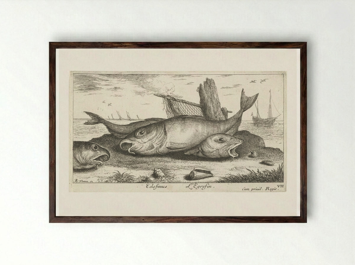 Drie schelvissen op het strand - Albert Flamen - Framed Print Dark Wood