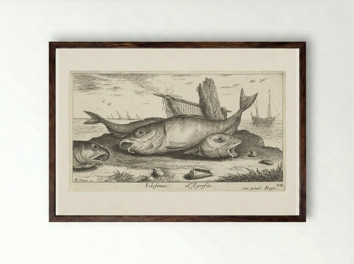 Drie schelvissen op het strand - Albert Flamen - Framed Print Dark Wood