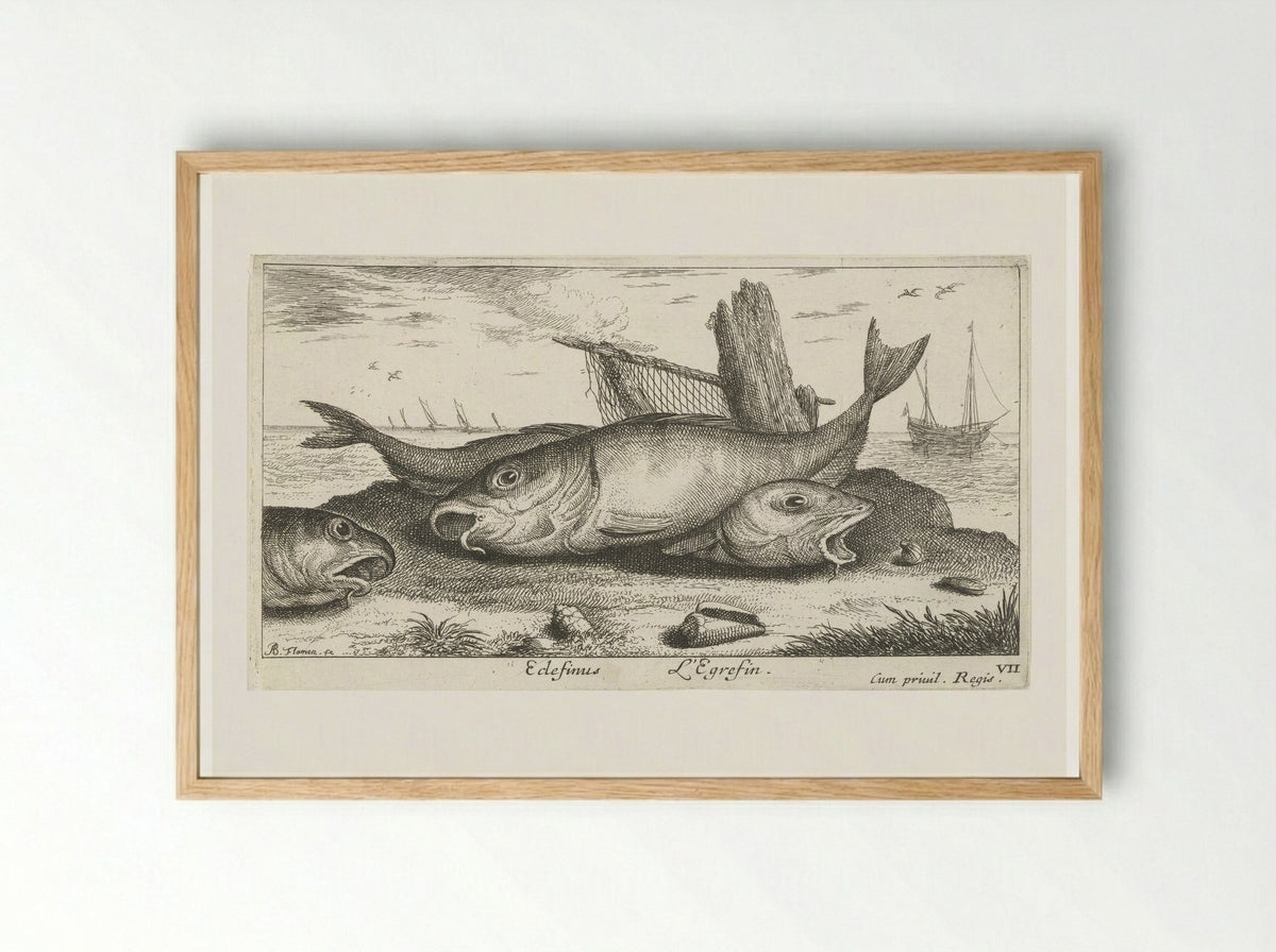 Drie schelvissen op het strand - Albert Flamen - Framed Print Wood