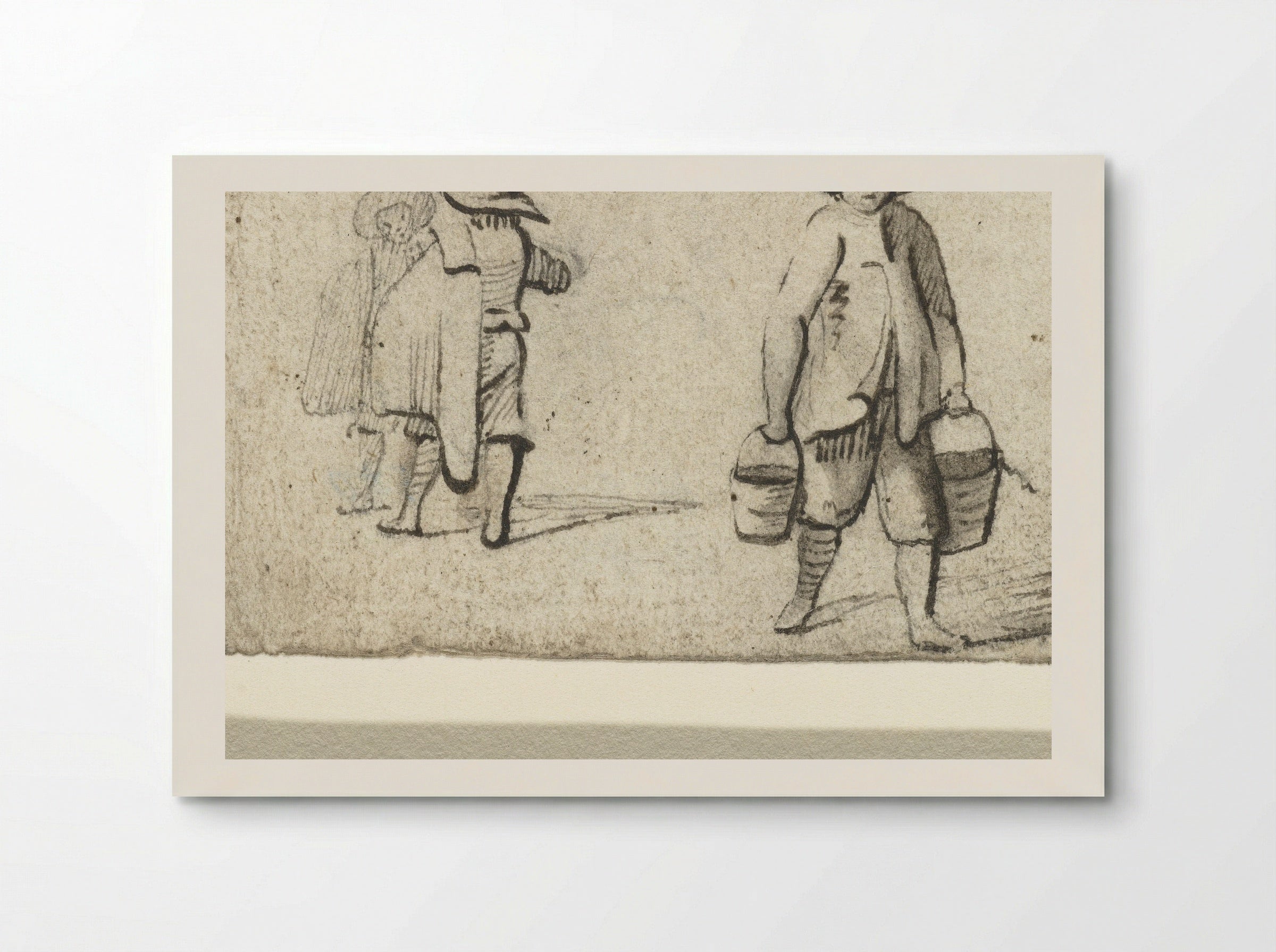 Drie staande figuren, de voorste draagt emmers - Harmen ter Borch - Poster