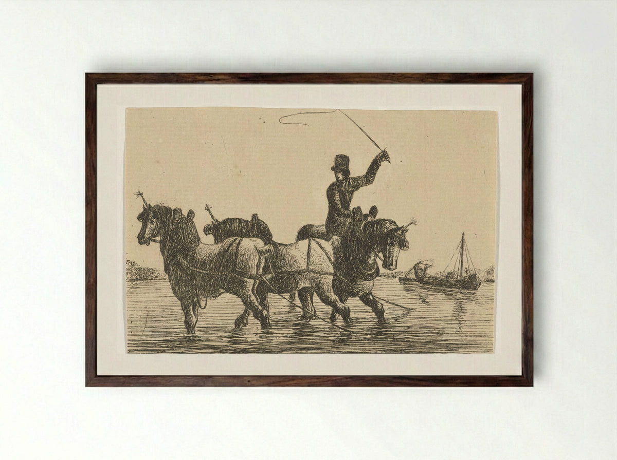 Drie trekpaarden in het water - Otto Baron Howen - Framed Print Dark Wood