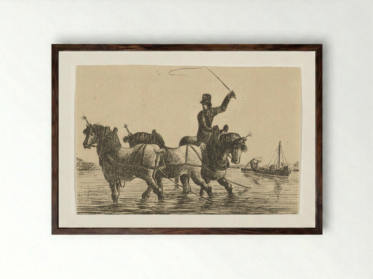 Drie trekpaarden in het water - Otto Baron Howen - Framed Print Dark Wood