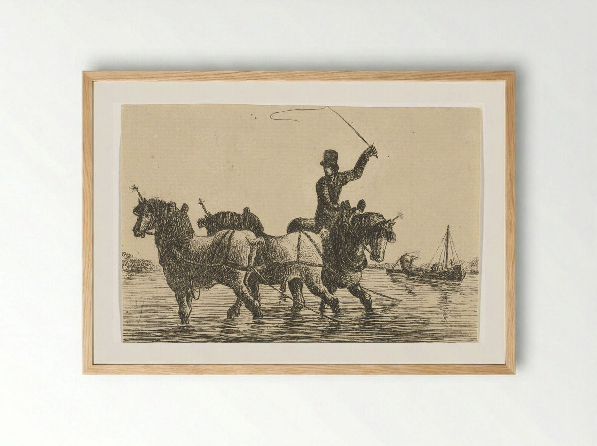 Drie trekpaarden in het water - Otto Baron Howen - Framed Print Wood
