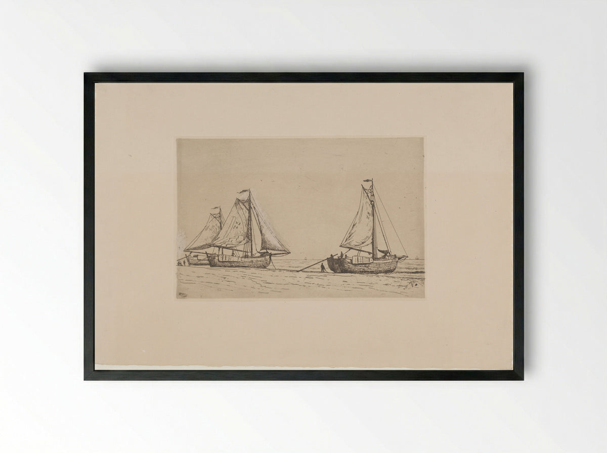 Drie vissersboten op het strand van Katwijk - Alphonse Stengelin - Framed Print Black