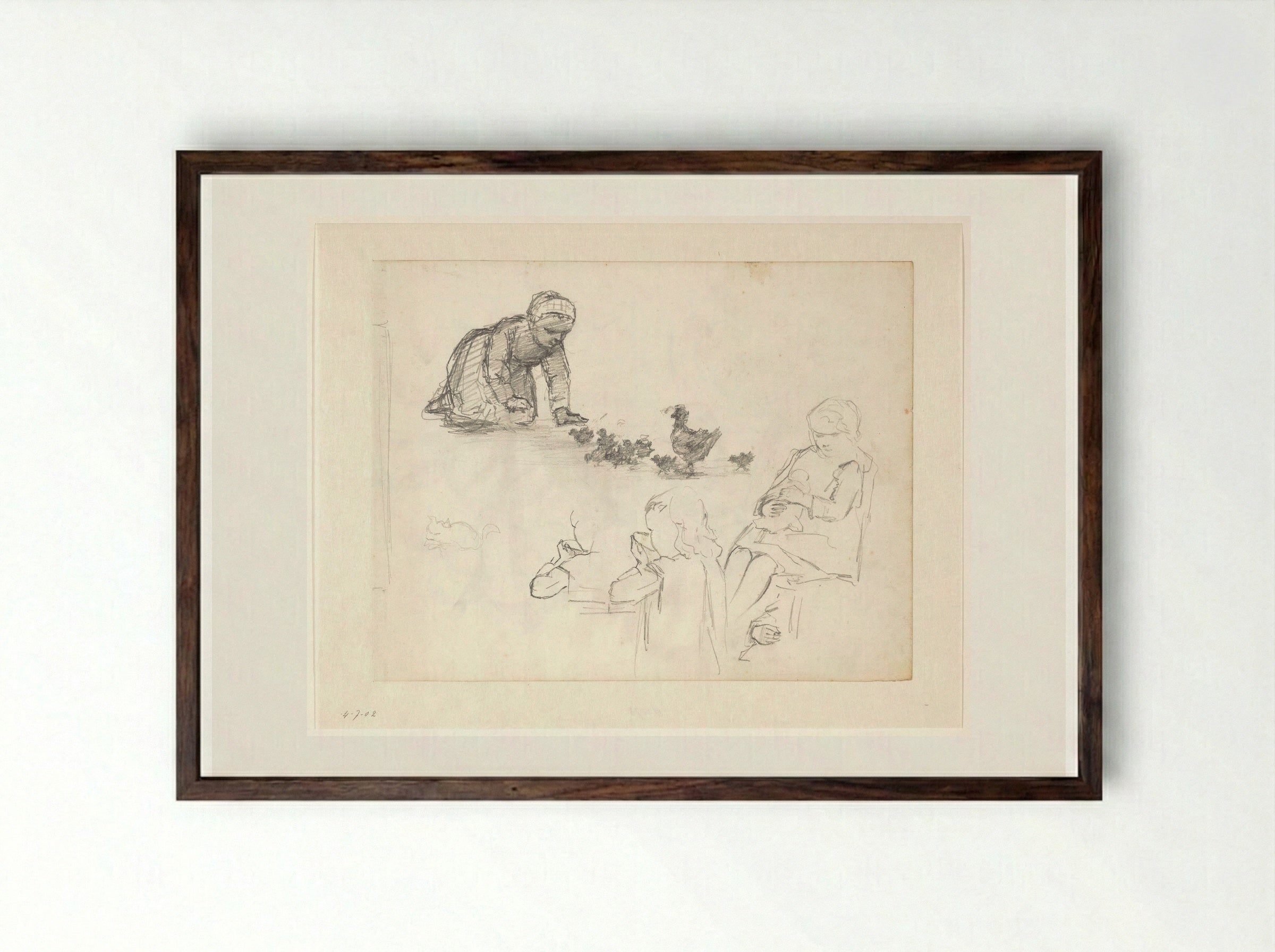 Drie voorstellingen van een meisje met kuikens, een kom, en een pop - Hendrik Valkenburg - Framed Print Dark Wood