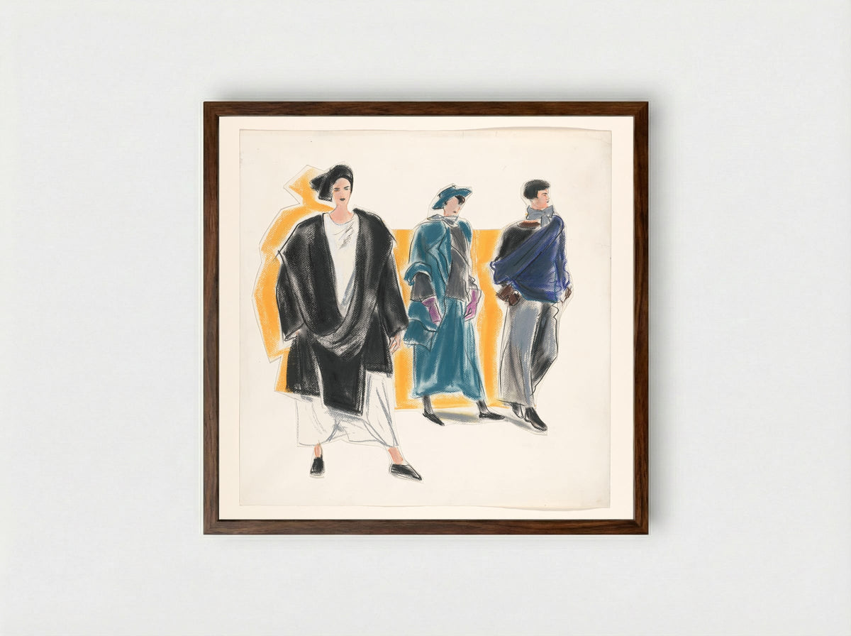 Drie vrouwelijke modellen in ruimvallende kleding - Arie Vervelde - Framed Print Dark Wood