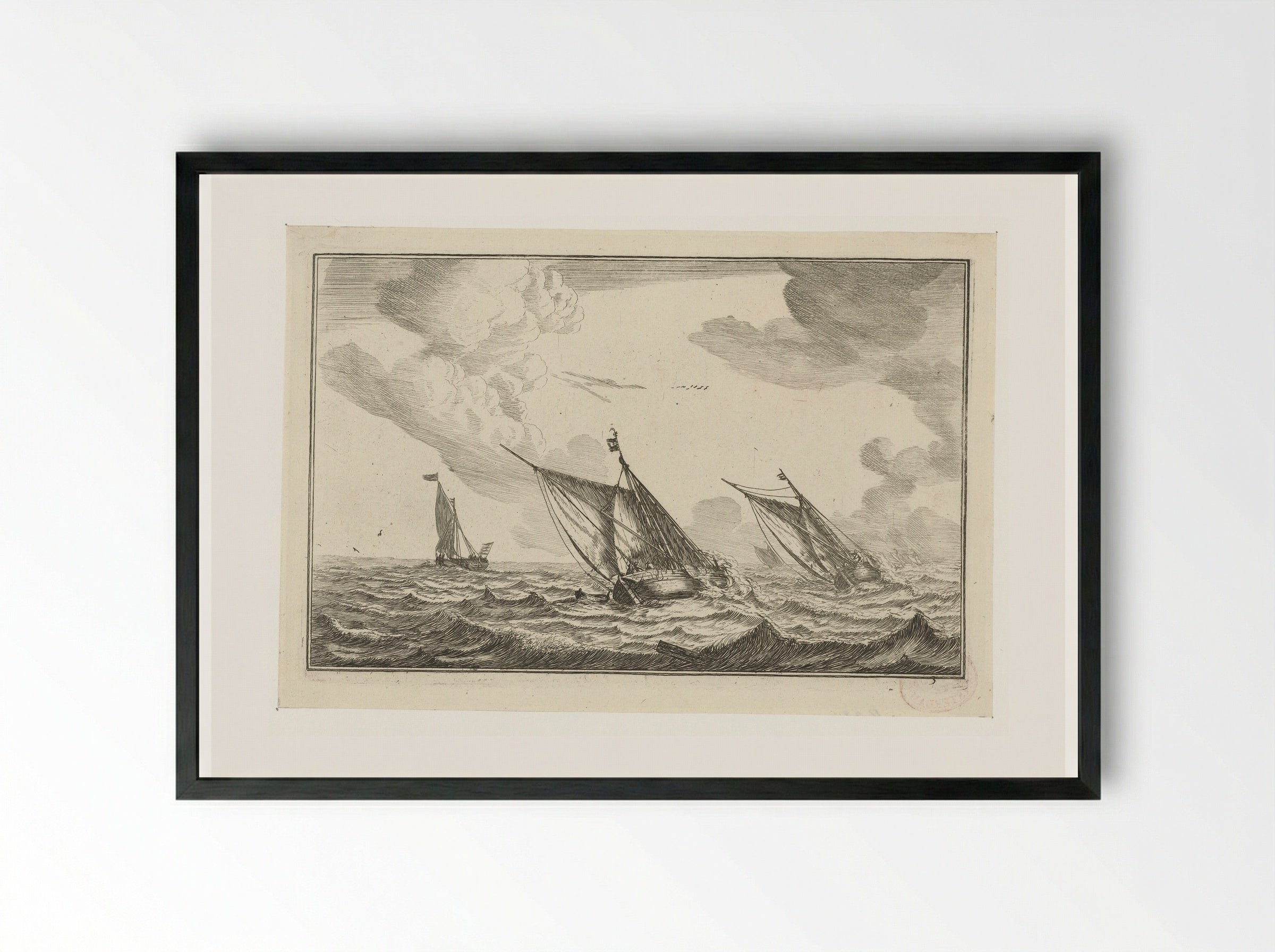 Drie zeilschepen op een ruwe zee - Reinier Nooms - Framed Print Black