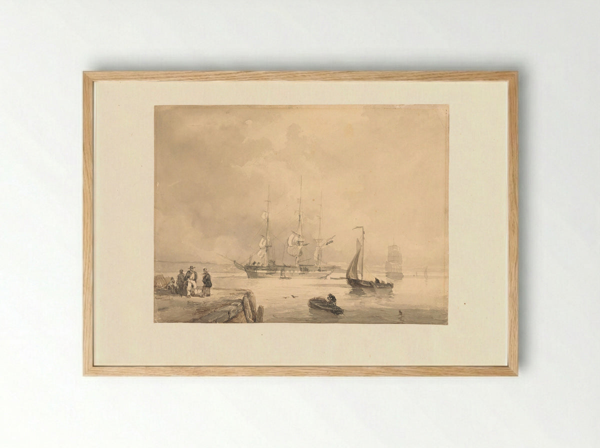 Driemaster en andere schepen in stil water voor de kade - Frans Arnold Breuhaus de Groot - Framed Print Wood