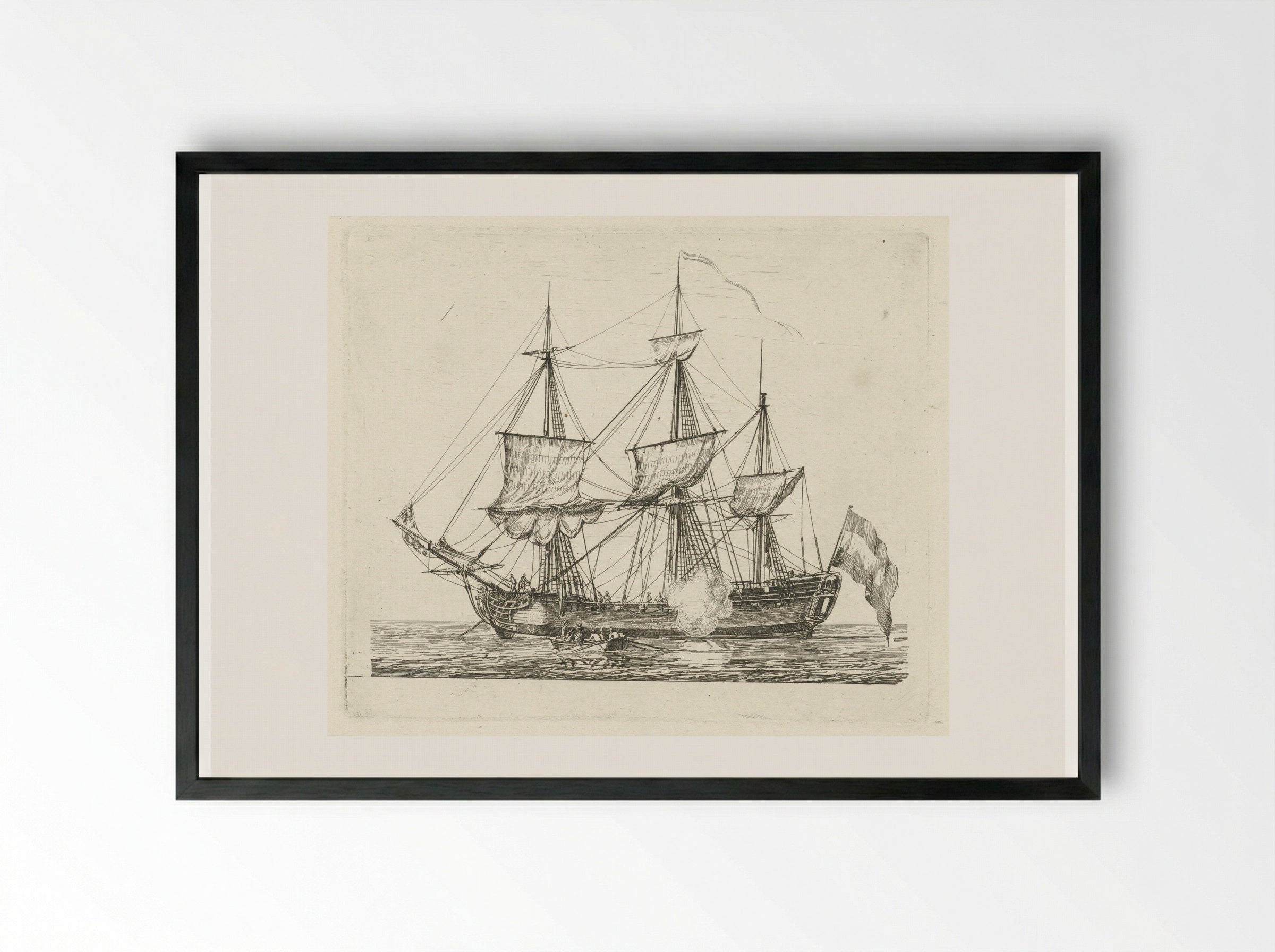 Driemaster met vlag en een roeiboot - Gerrit Groenewegen - Framed Print Black