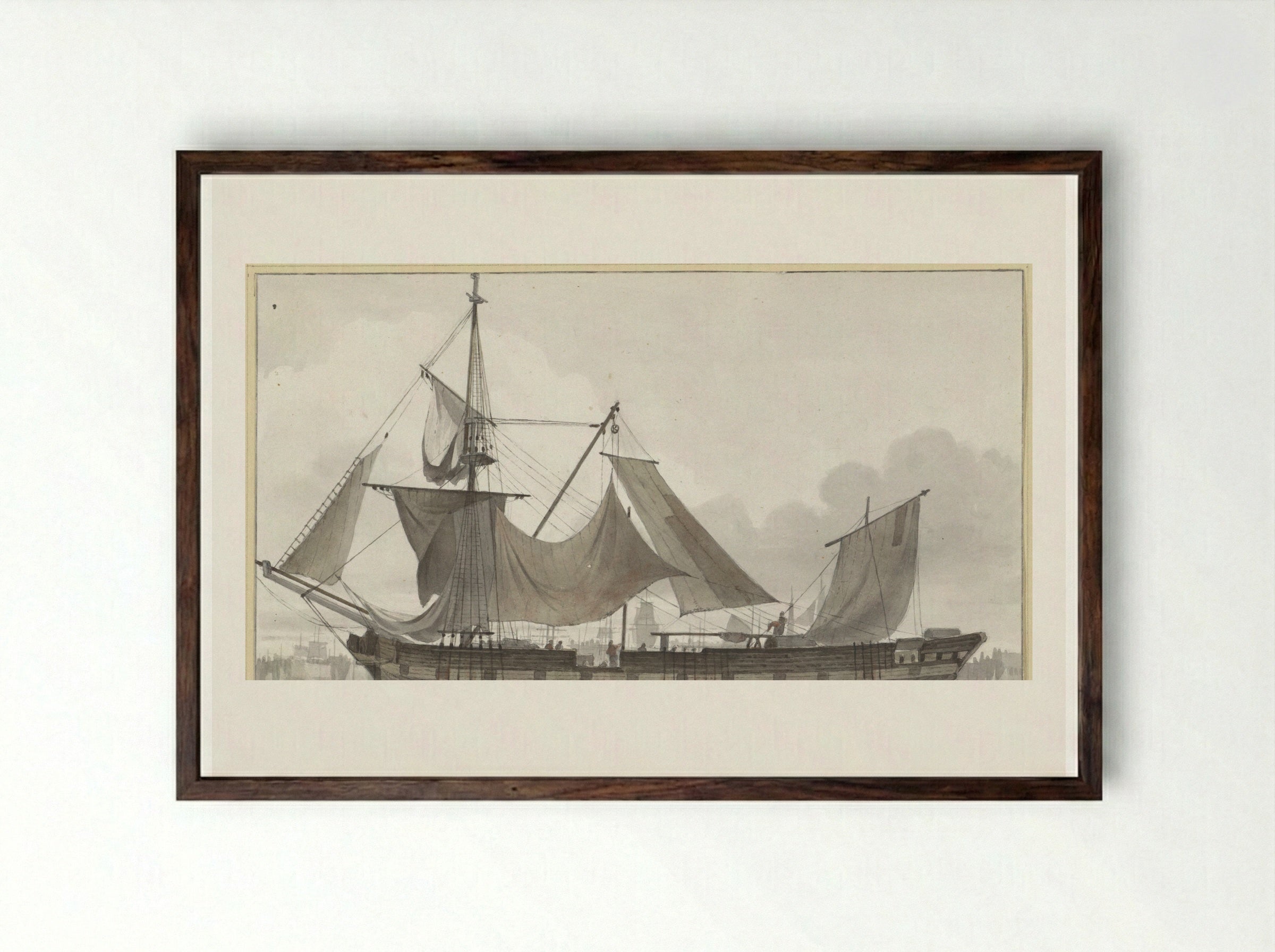 Driemaster onder noodtuig, een haven binnenlopend met zwakke wind - Hendrik Abraham Klinkhamer - Framed Print Dark Wood