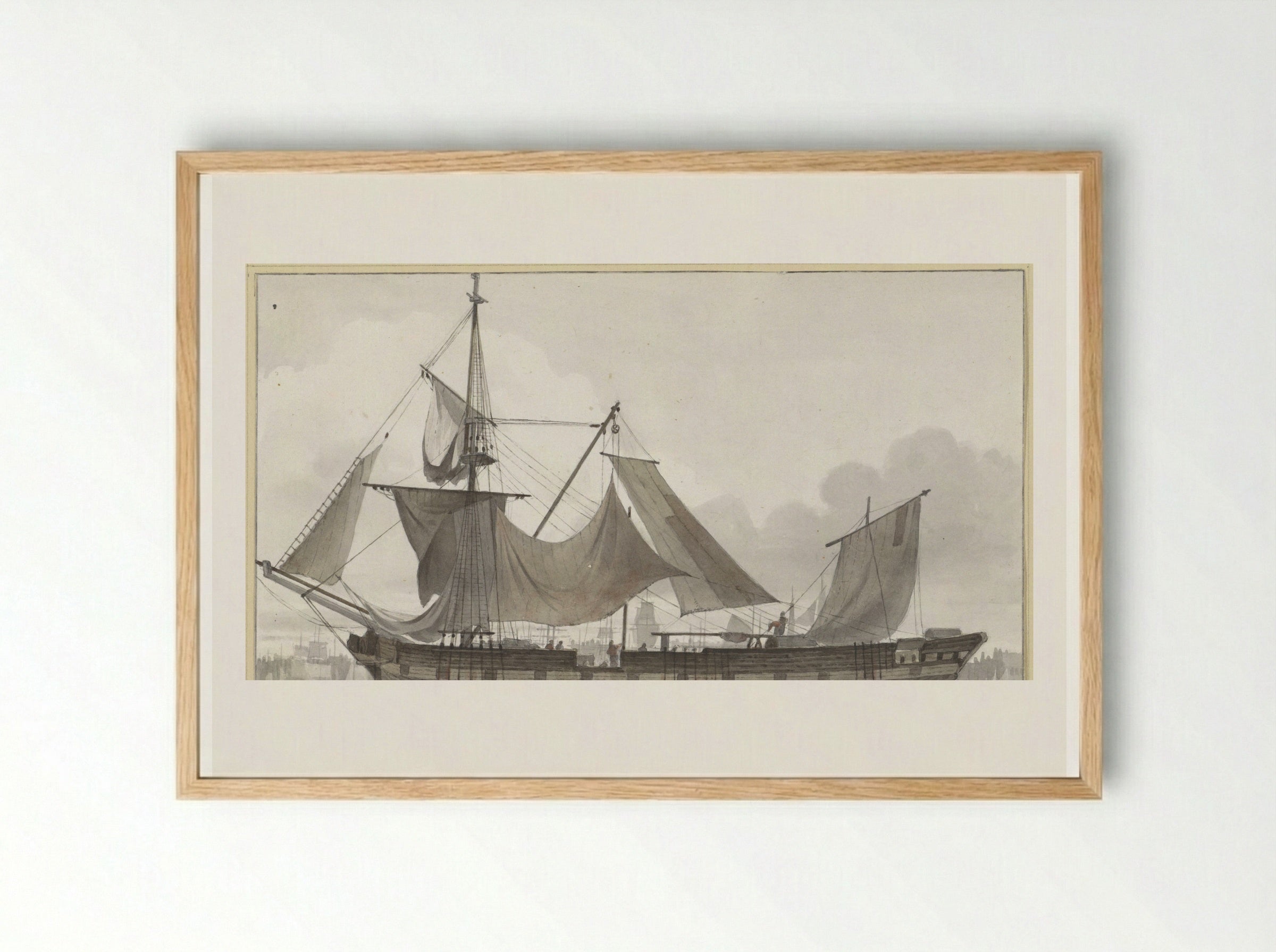 Driemaster onder noodtuig, een haven binnenlopend met zwakke wind - Hendrik Abraham Klinkhamer - Framed Print Wood
