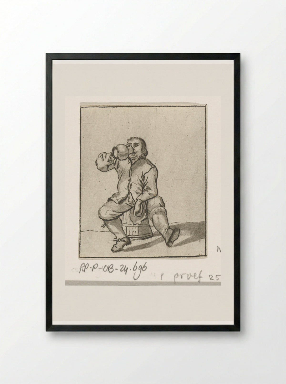Drinkende man zittend op een ton - Cornelis Ploos van Amstel - Framed Print Black