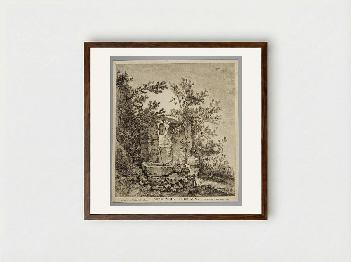 Drinking-Trough for Birds - Pierre-Quentin Chedel - Framed Print Dark Wood