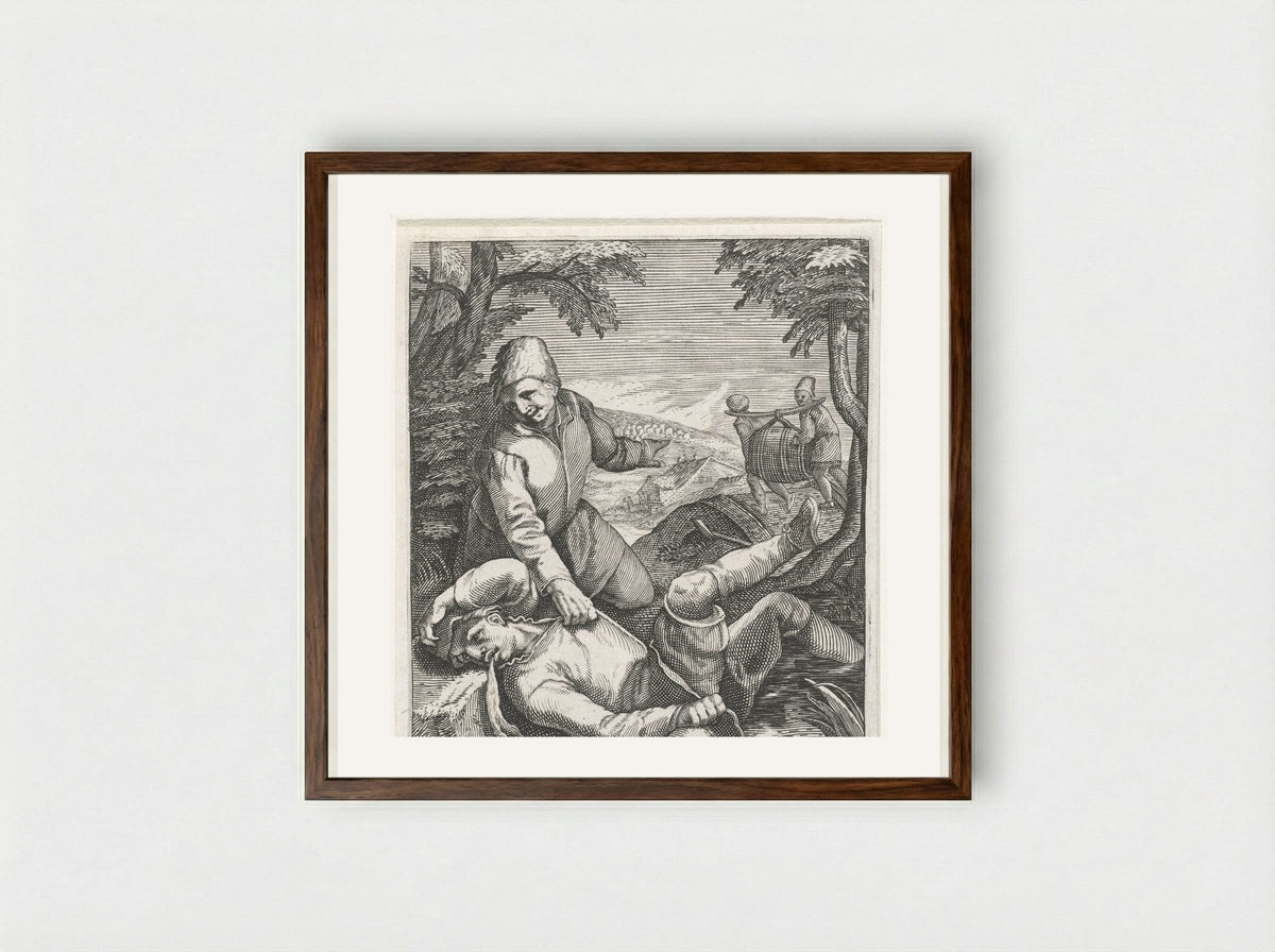 Dronkaard, brakend in een sloot - Johann Theodor de Bry - Framed Print Dark Wood