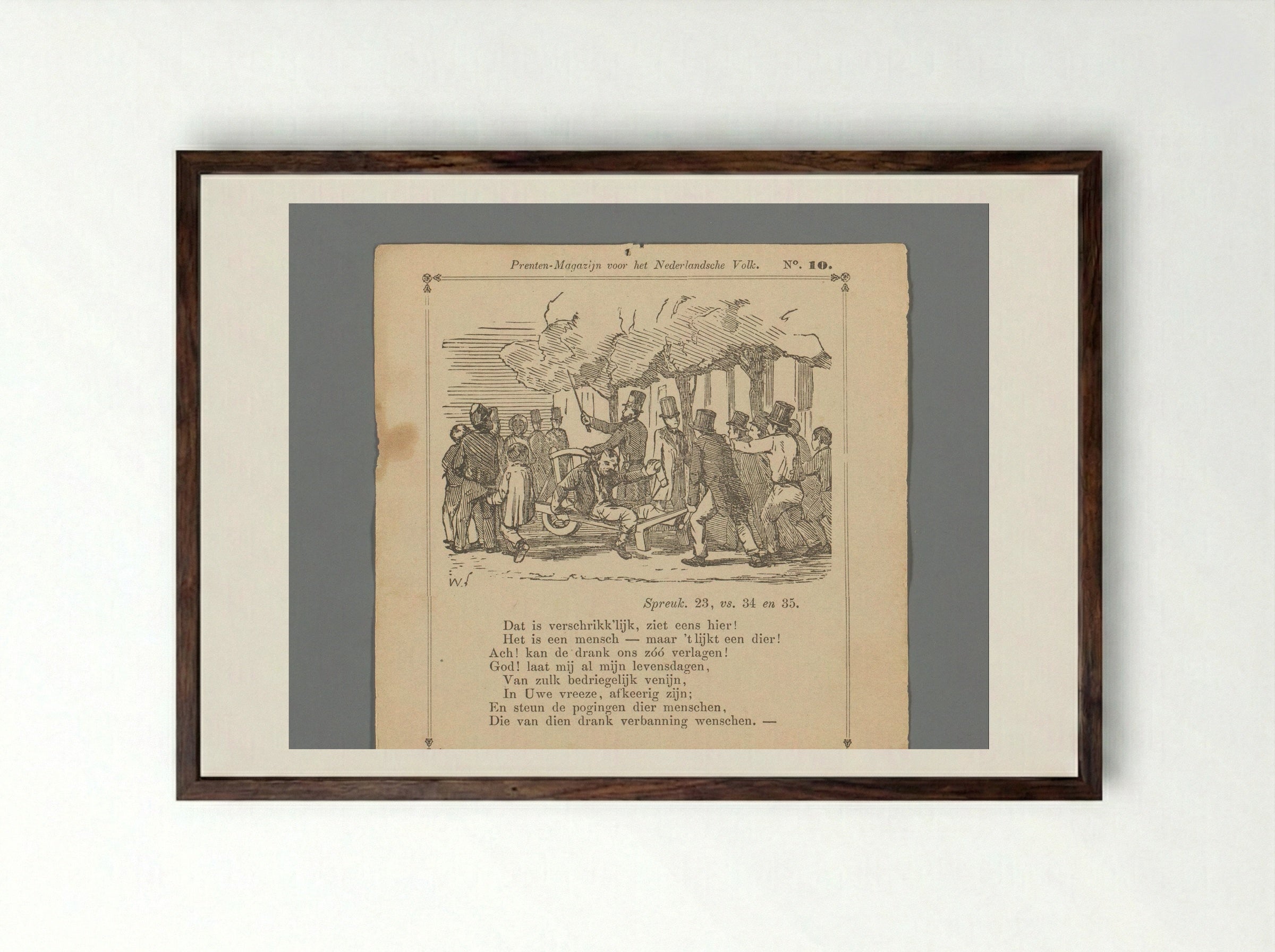 Dronkaard op een kruiwagen voortgeduwd door een groep mannen op straat - Isaac Weissenbruch - Framed Print Dark Wood