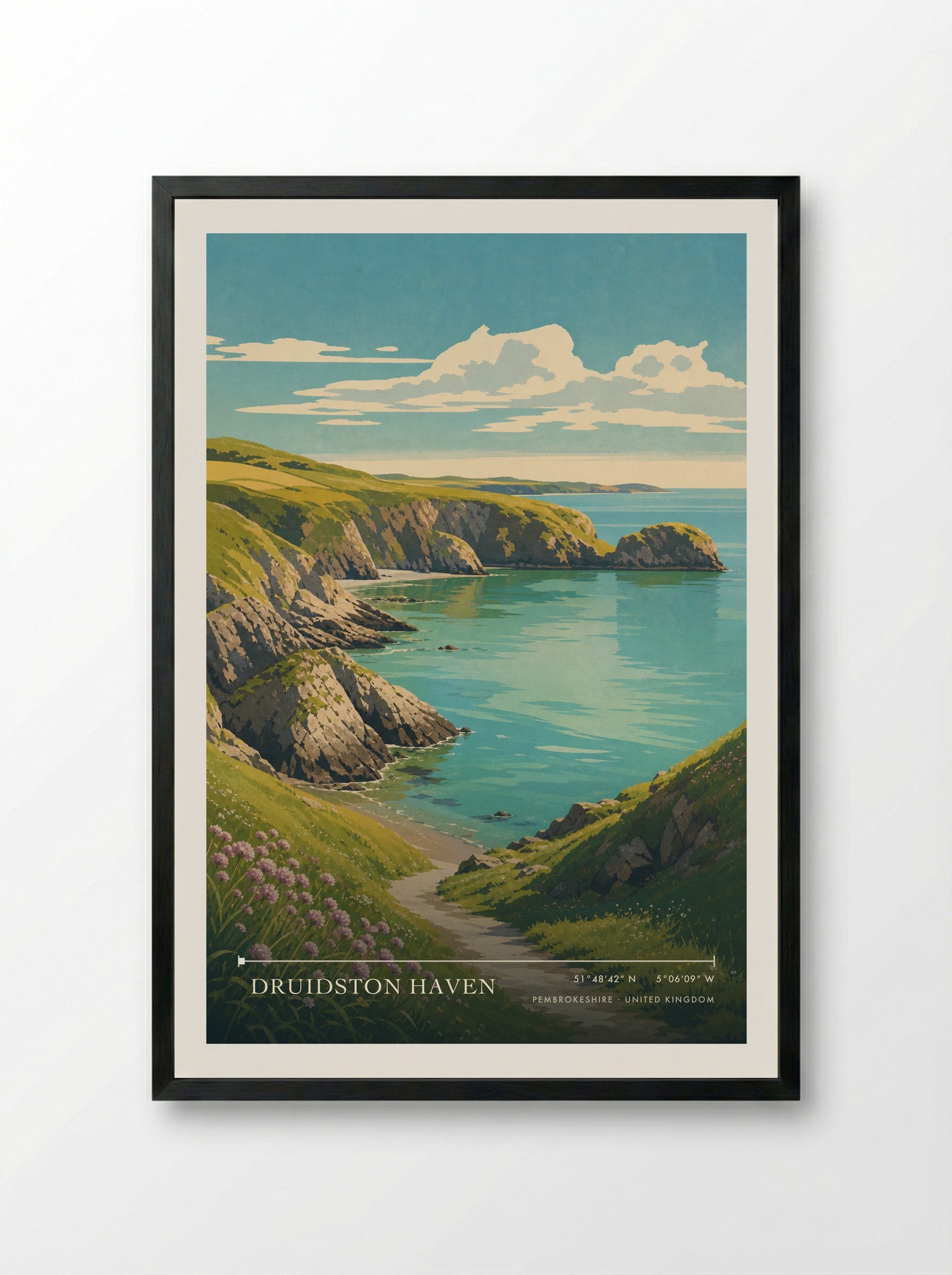 Druidston Haven Pembrokeshire United Kingdom Travel Poster - Framed Print Black