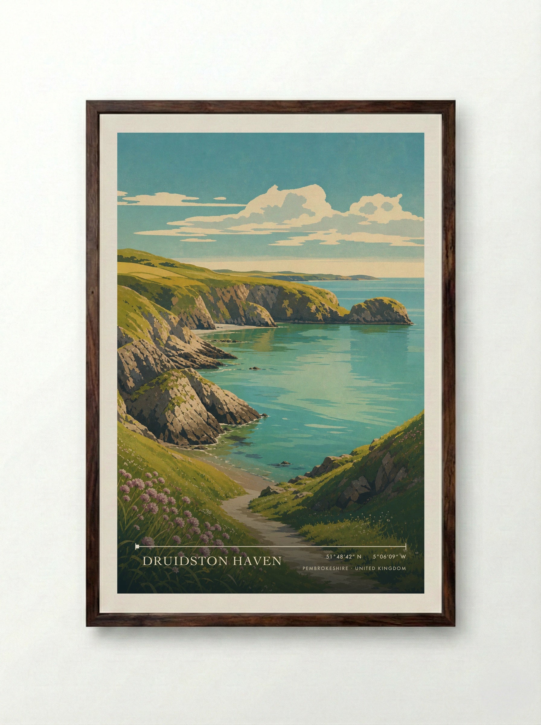 Druidston Haven Pembrokeshire United Kingdom Travel Poster - Framed Print Dark Wood