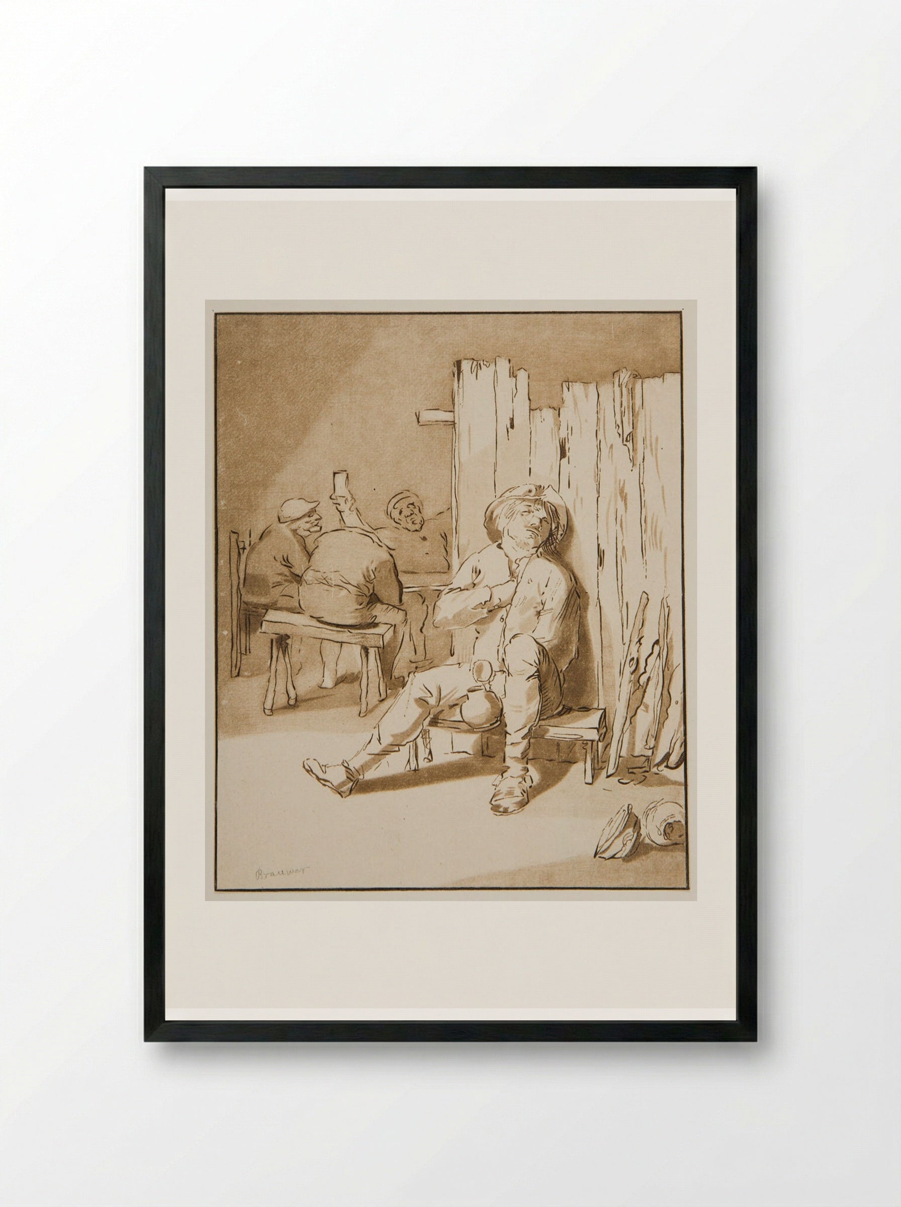 Drunken Man Asleep in a Tavern - Cornelis Ploos van Amstel - Framed Print Black
