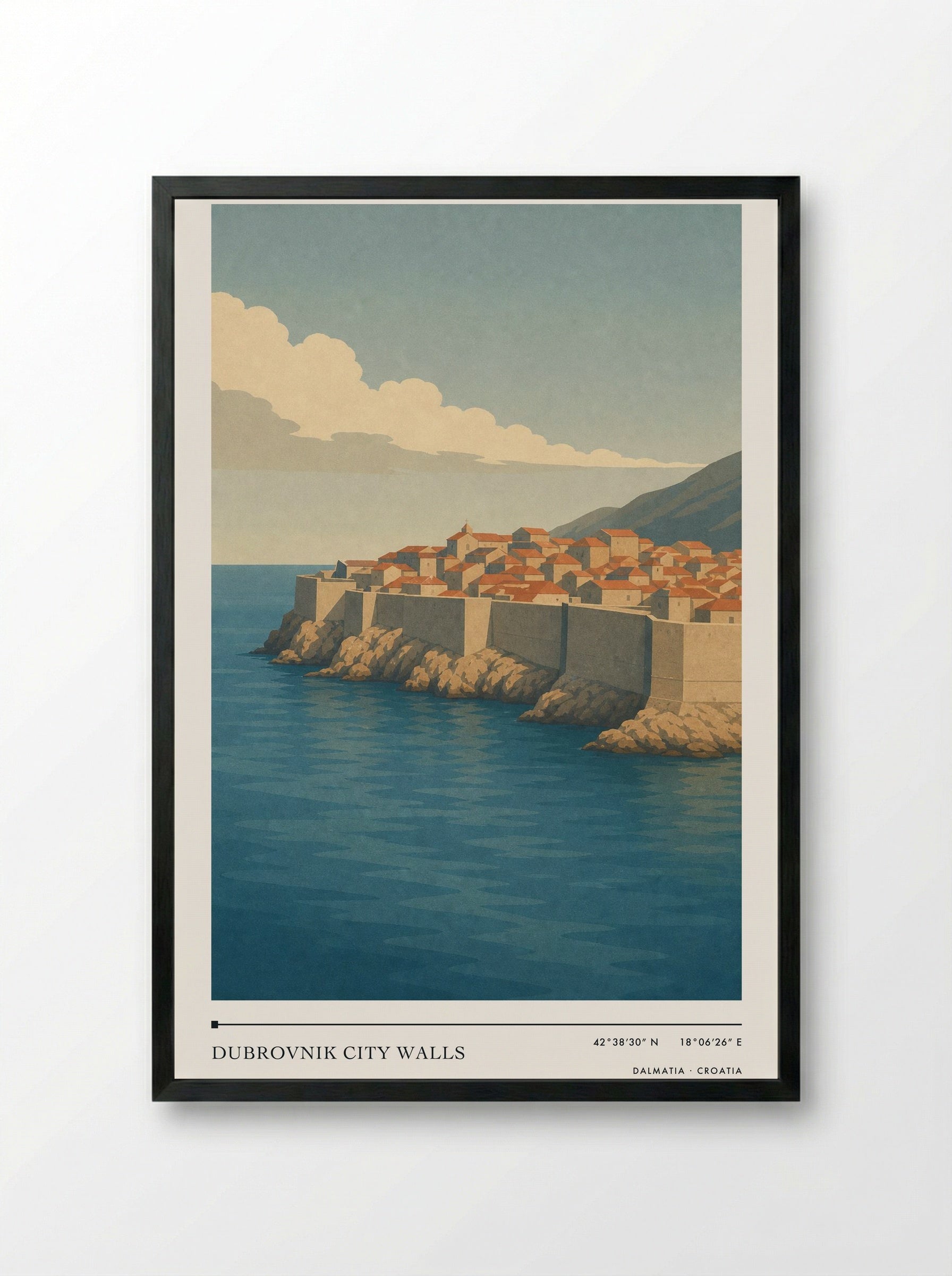 Dubrovnik City Walls Travel Poster Artwork - Framed Print Black