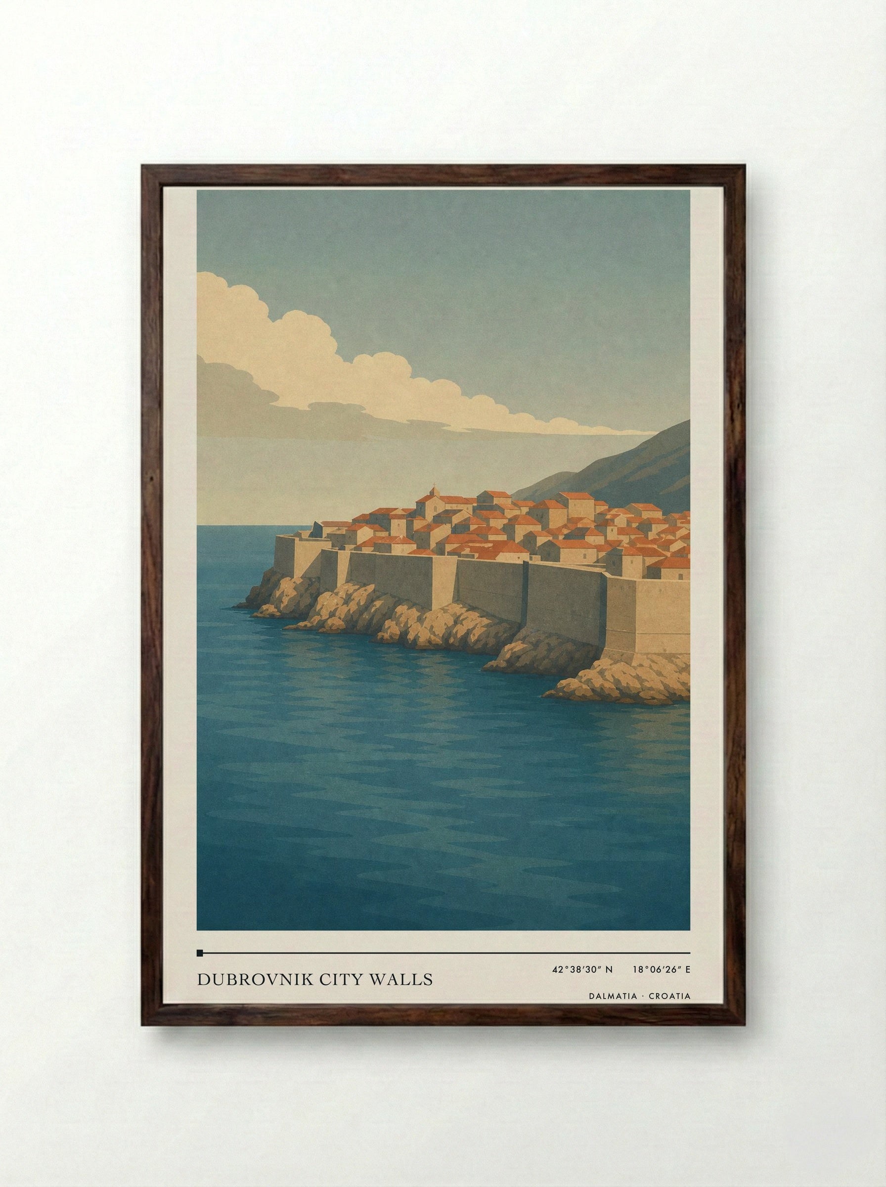 Dubrovnik City Walls Travel Poster Artwork - Framed Print Dark Wood
