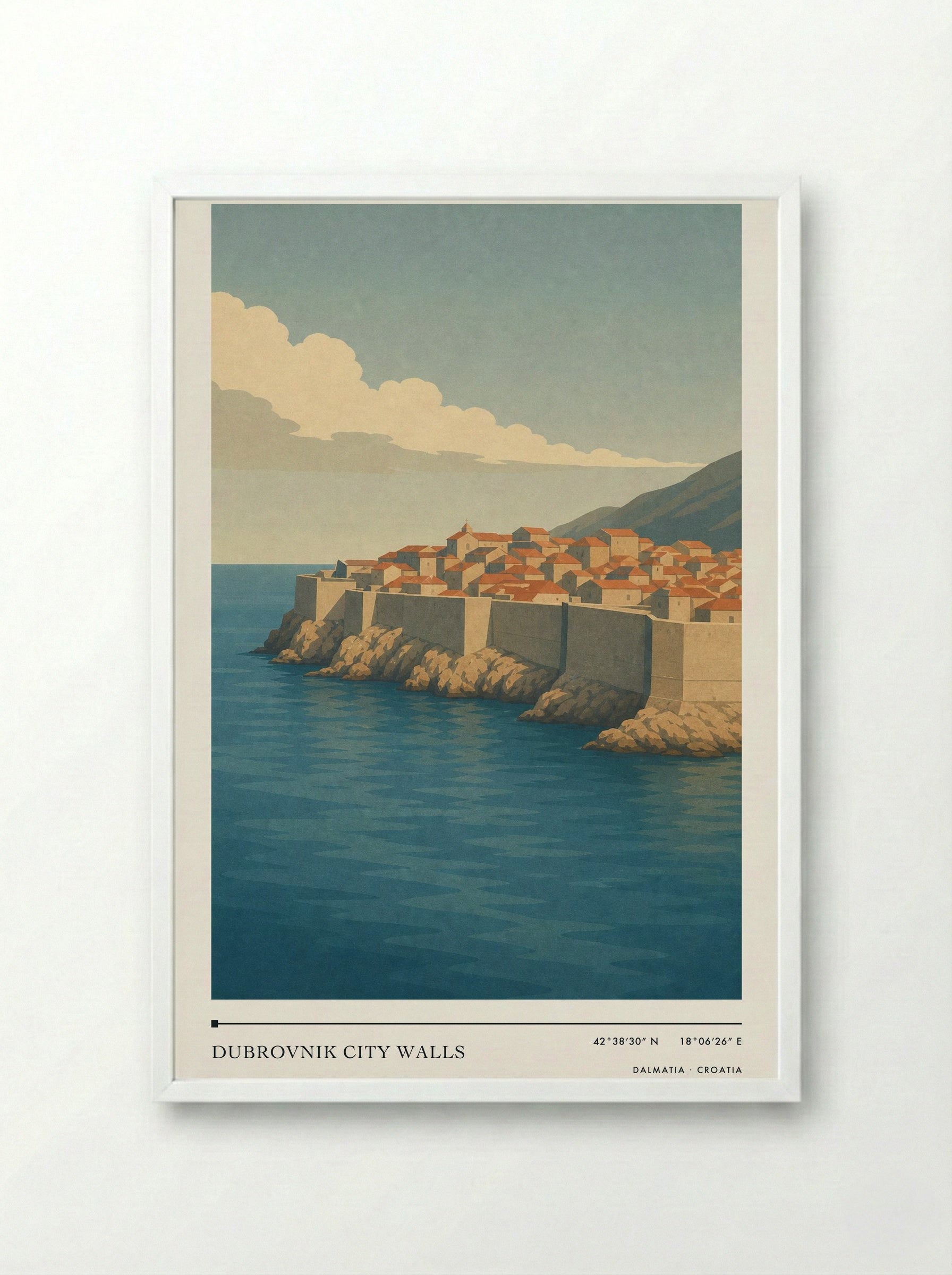 Dubrovnik City Walls Travel Poster Artwork - Framed Print White