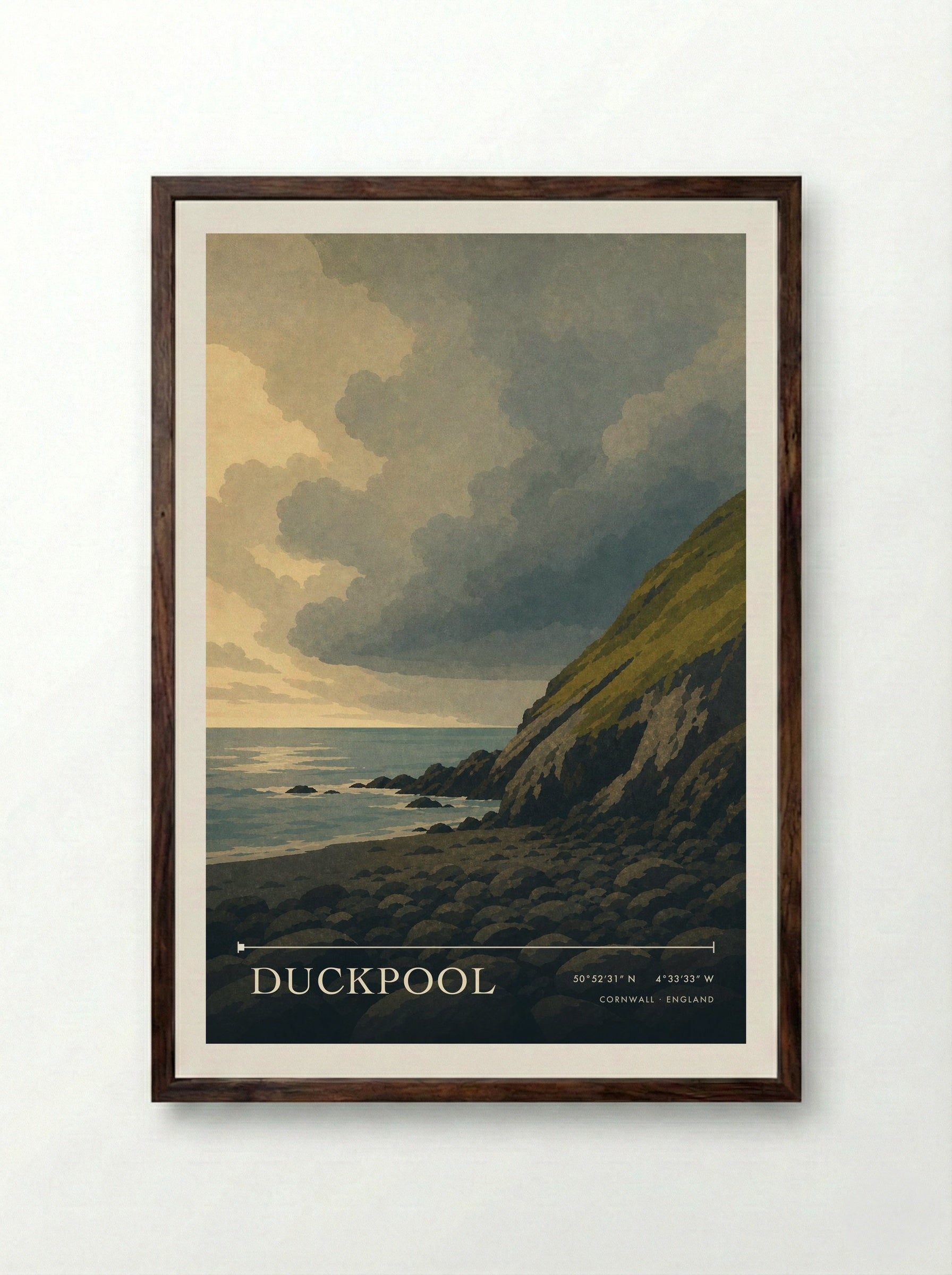 Duckpool Cornwall England Travel Poster - Framed Print Dark Wood