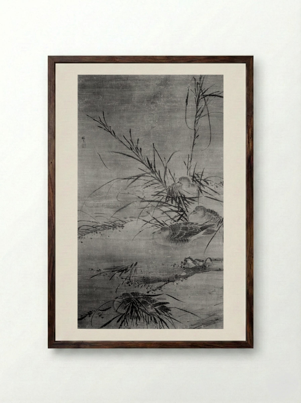 Ducks and Reeds - Lin Liang - Framed Print Dark Wood