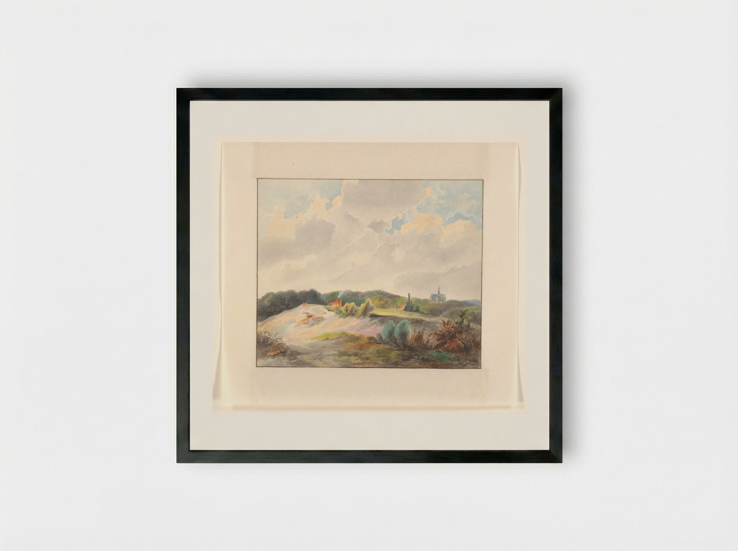 Duinlandschap met huizen en een kerk - Johannes van Reijn - Framed Print Black