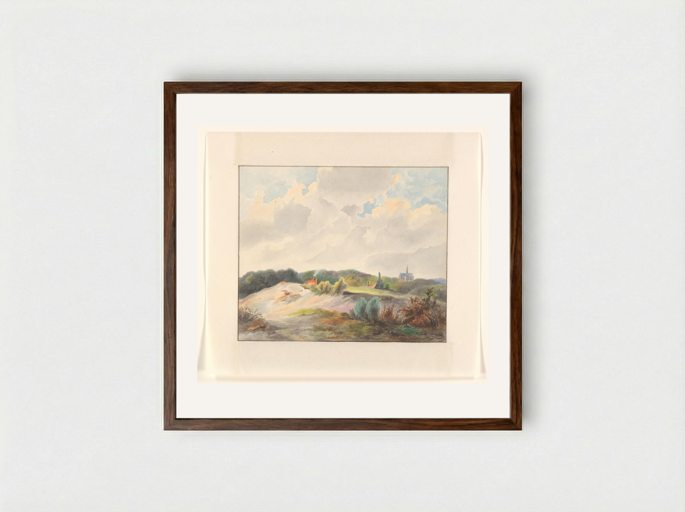 Duinlandschap met huizen en een kerk - Johannes van Reijn - Framed Print Dark Wood