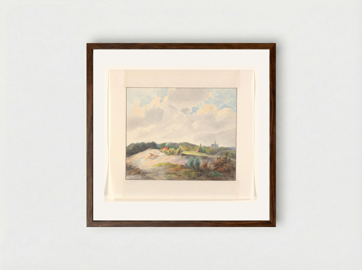 Duinlandschap met huizen en een kerk - Johannes van Reijn - Framed Print Dark Wood